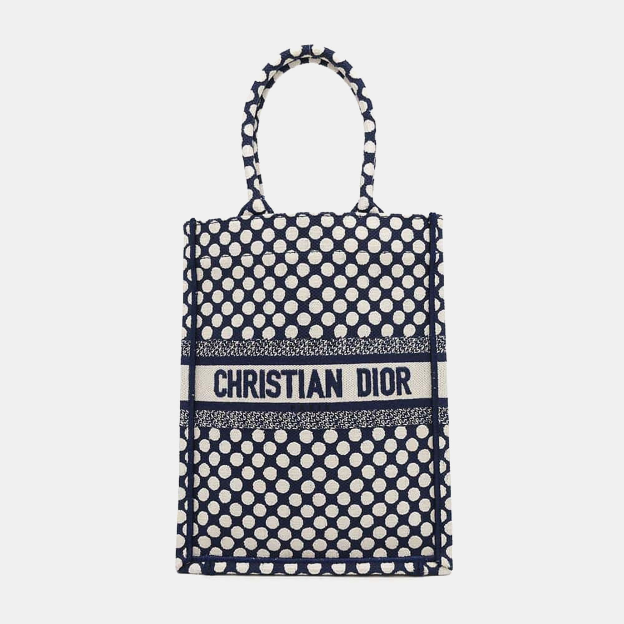 

Dior White/Navy Canvas Vertical Book Dot Tote, Navy blue