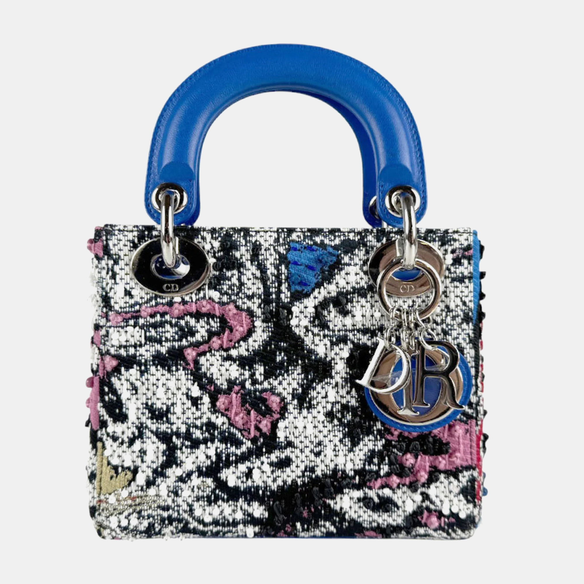 

Dior Blue Black Tweed Leather Lady Dior Shoulder Bag