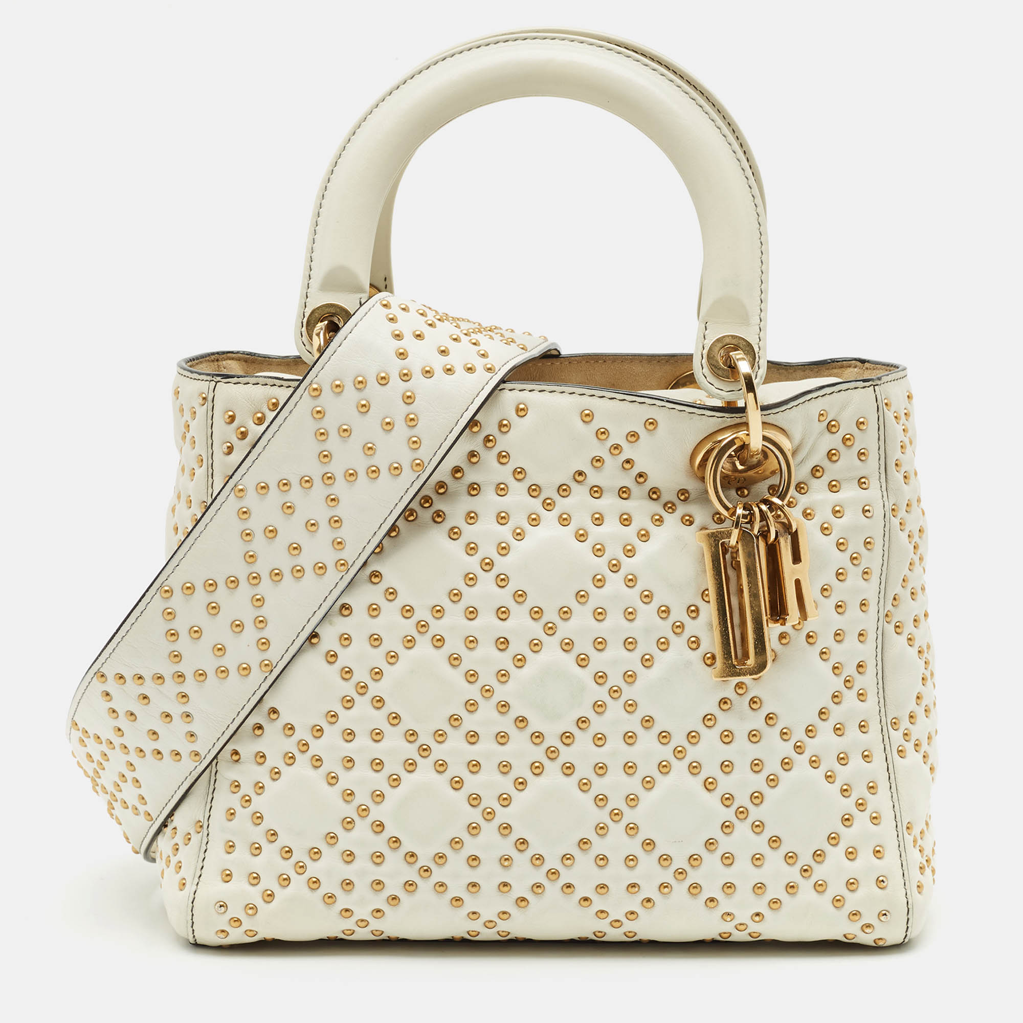 

Dior White Cannage Leather  Studded Lady Dior Tote