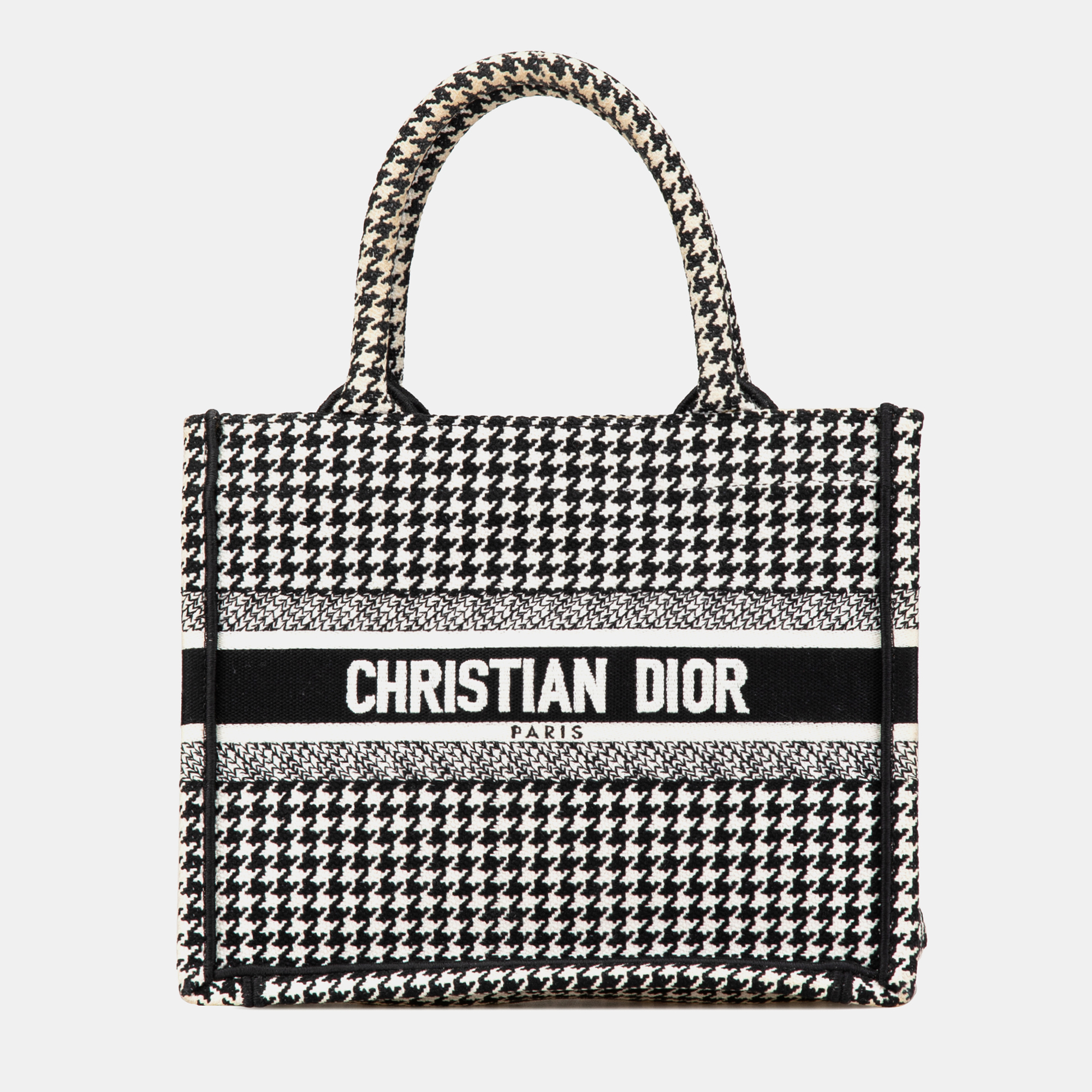 

Dior Black White Canvas Houndstooth Embroidered Small Book Tote