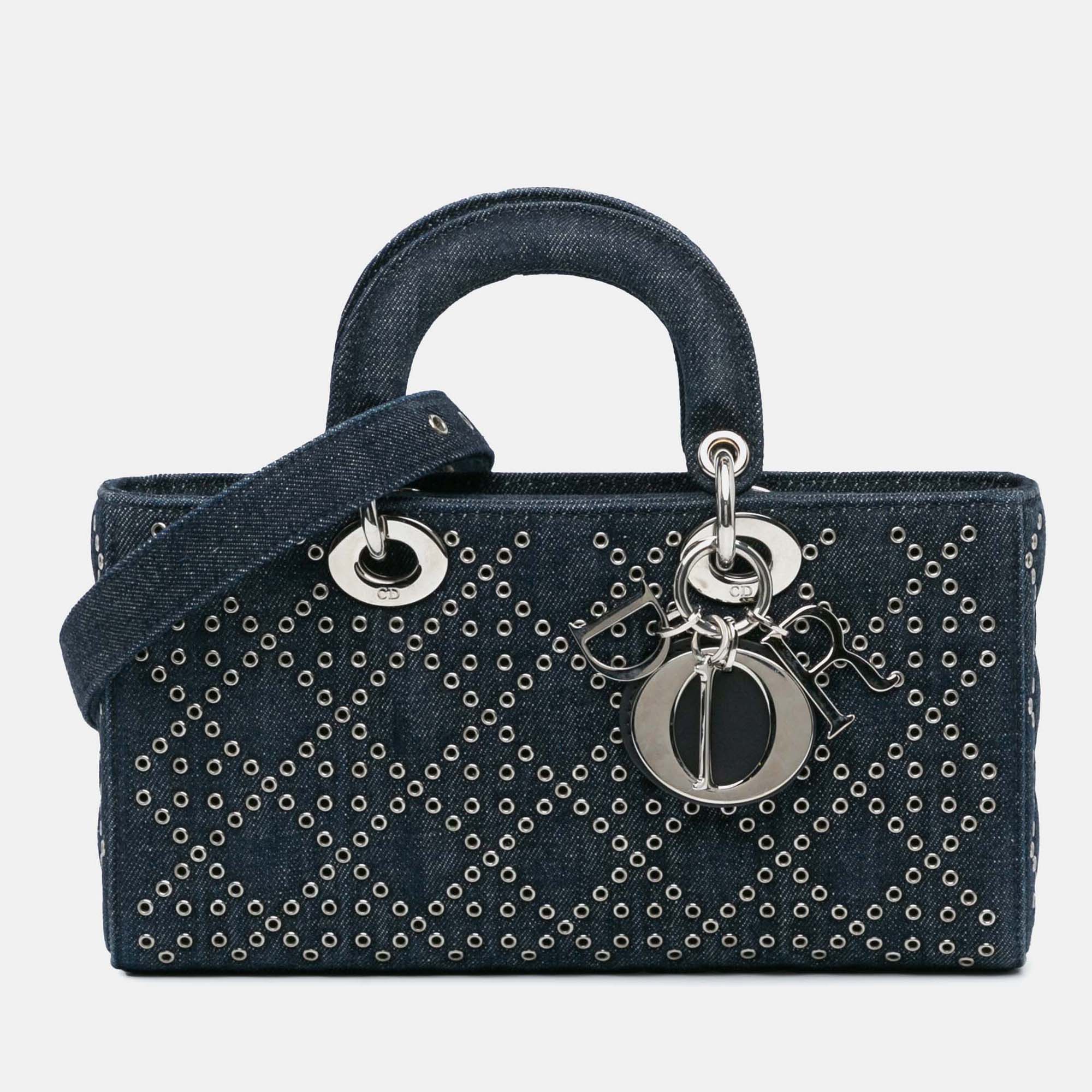 

Dior Navy Blue Medium Denim Cannage Eyelet Lady D Joy