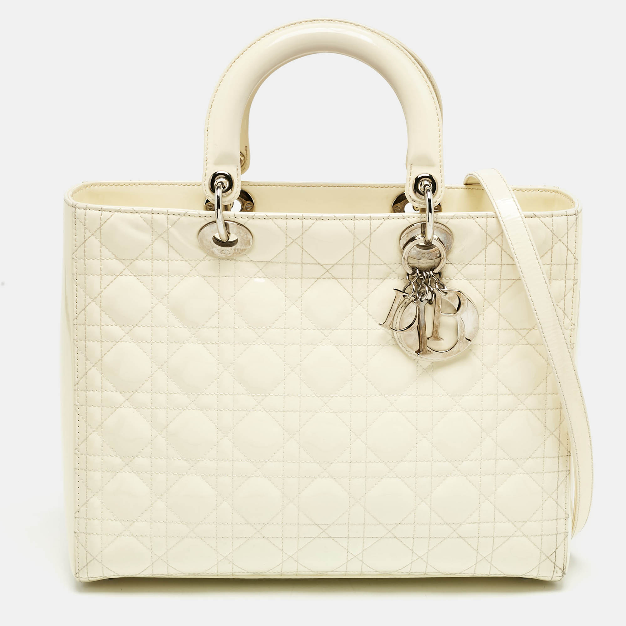 

Dior Off White Cannage Patent Leather Large Lady Dior Tote