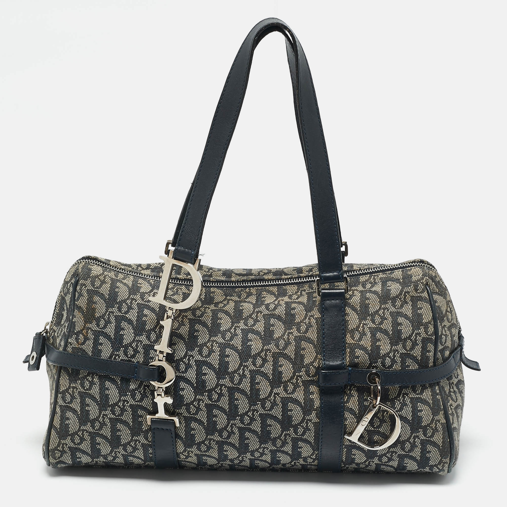 

Dior Navy Blue Oblique Canvas and Leather Charms Boston Bag