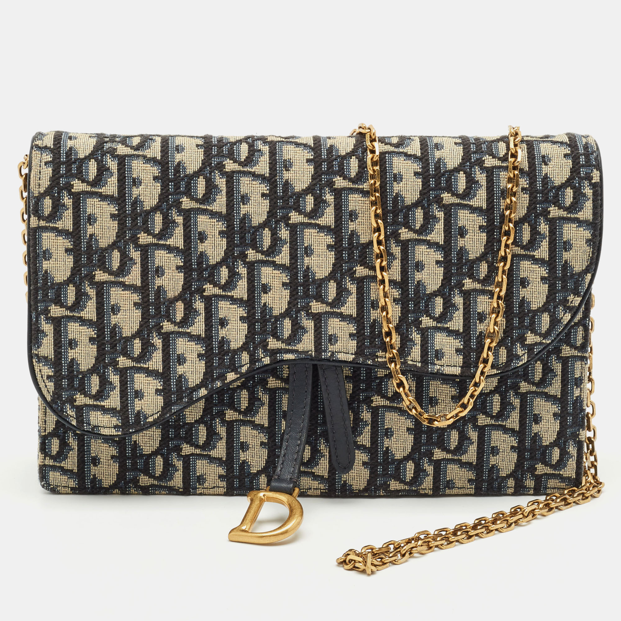

Dior Navy Blue/Beige Oblique Canvas Saddle Chain Pouch