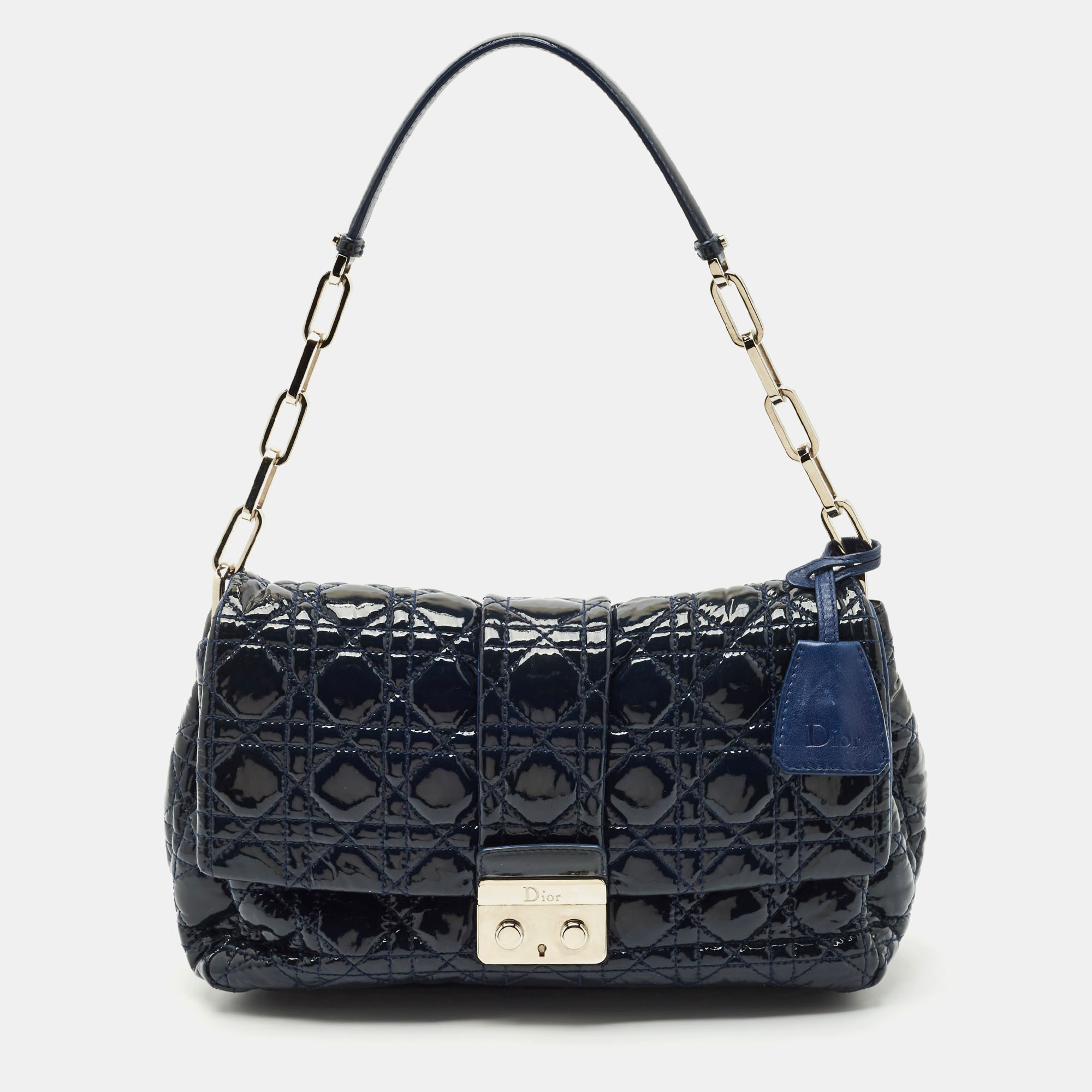 

Dior Dark Blue Cannage Quilted Patent Leather New Lock Flap Bag