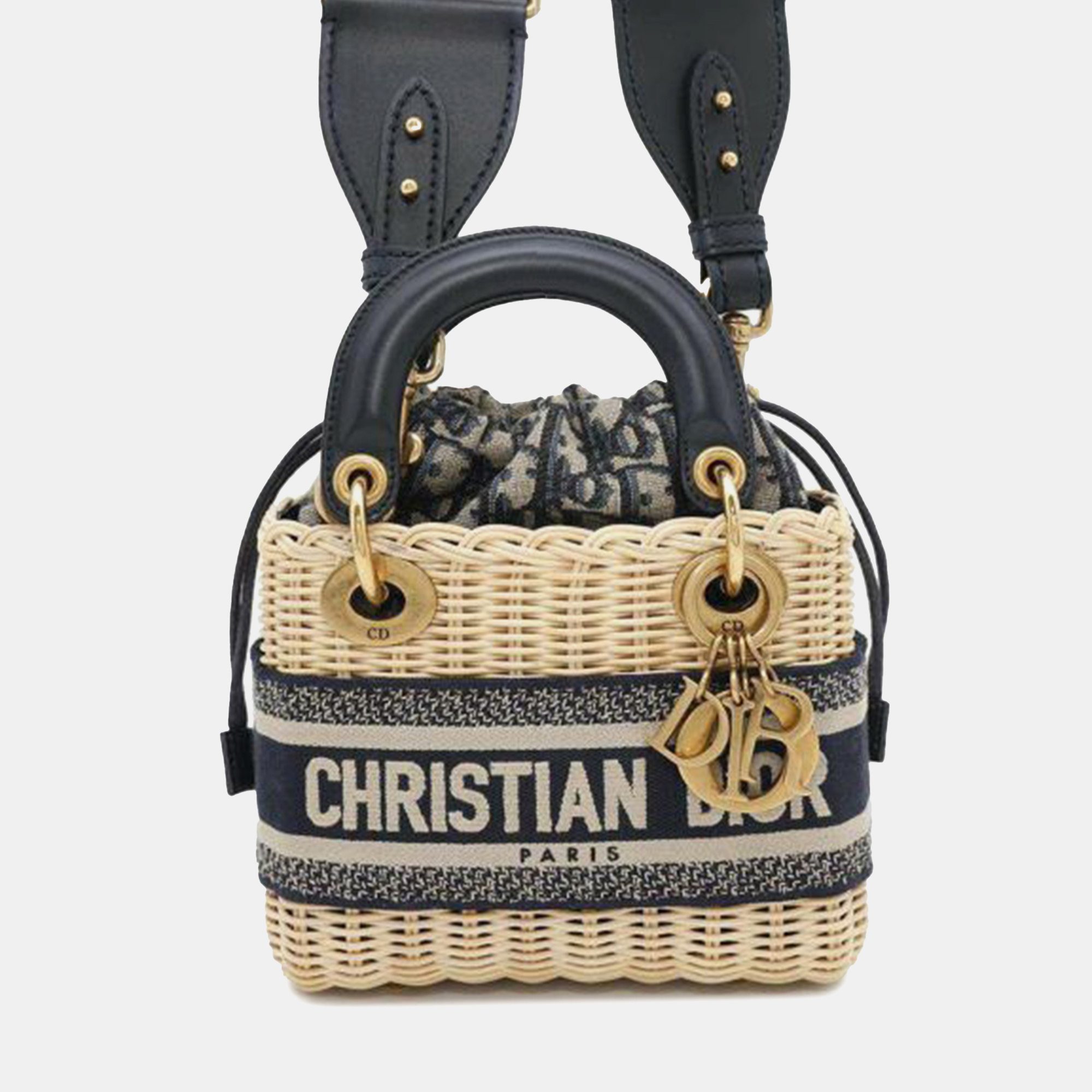 

Dior Beige Navy Blue Mini Oblique Wicker Lady Dior