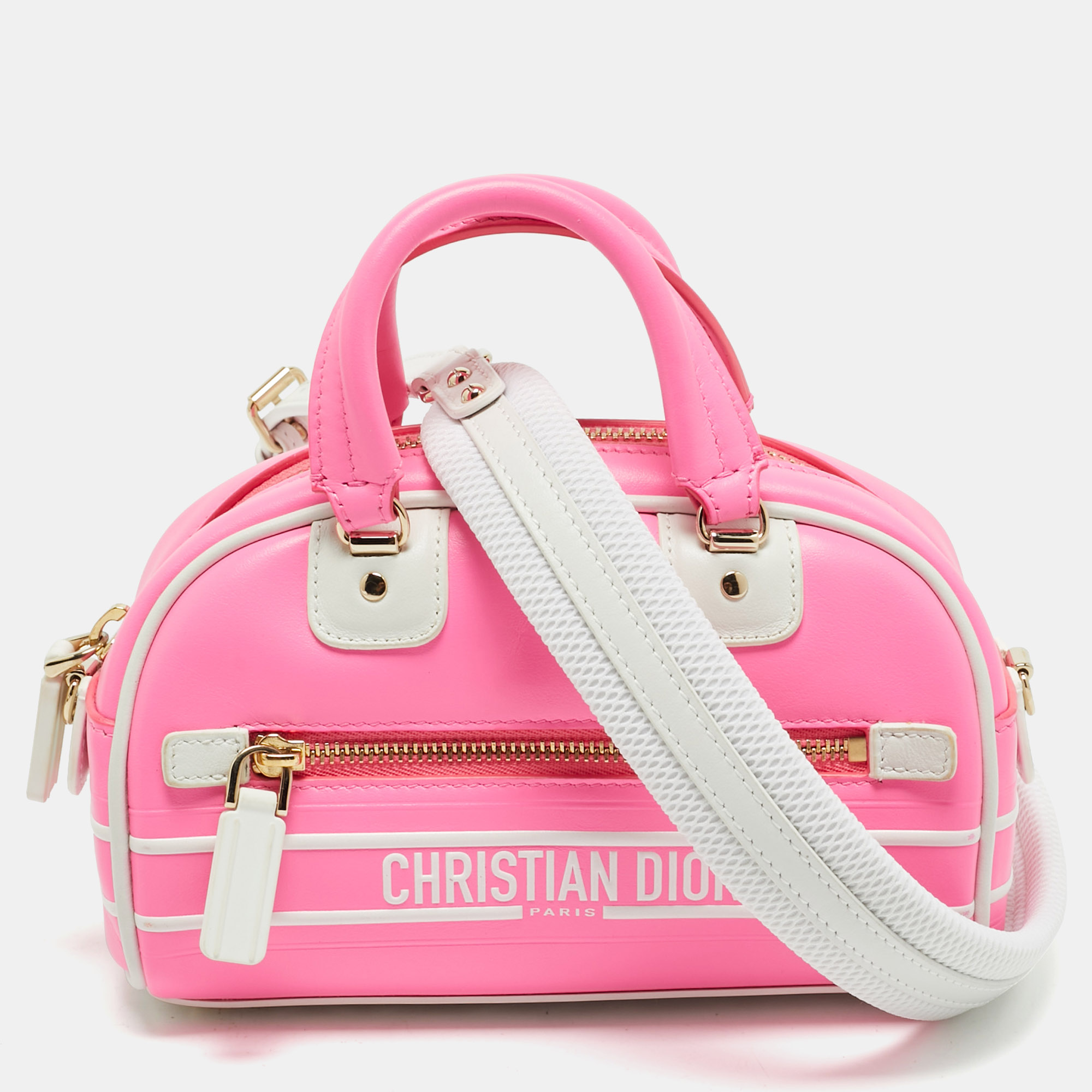 

Dior Pink/White Leather and Rubber Micro Dior Vibe Bowling Bag
