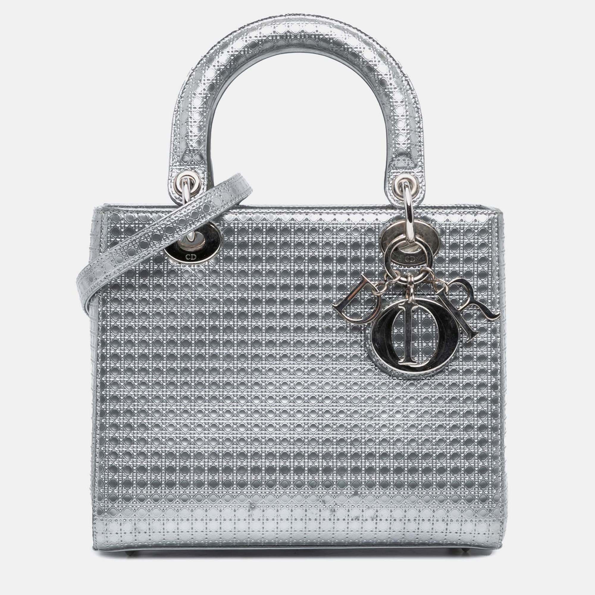 

Dior Silver Medium Metallic Patent Microcannage Lady Dior