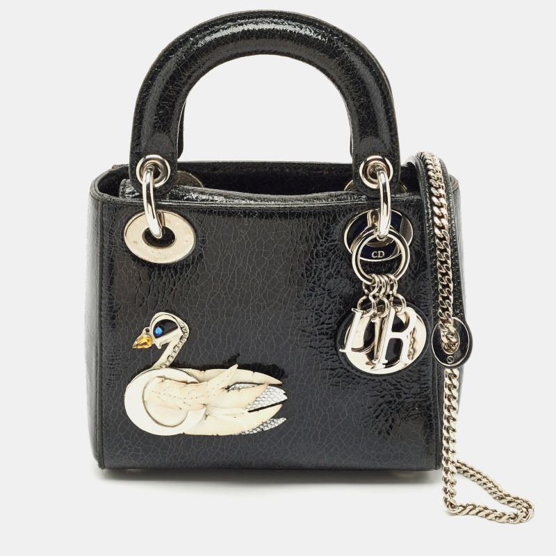 

Dior Black Crackled Leather Mini Jeweled Swan Lady Dior Tote