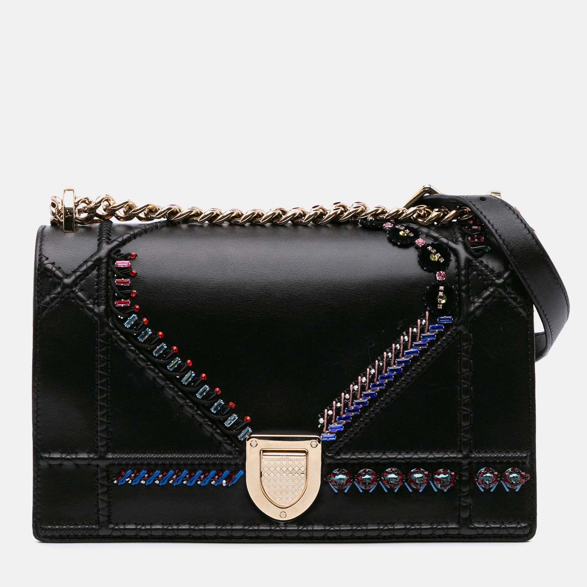 

Dior Black Medium Calfskin Crystal Embroidered Diorama Flap