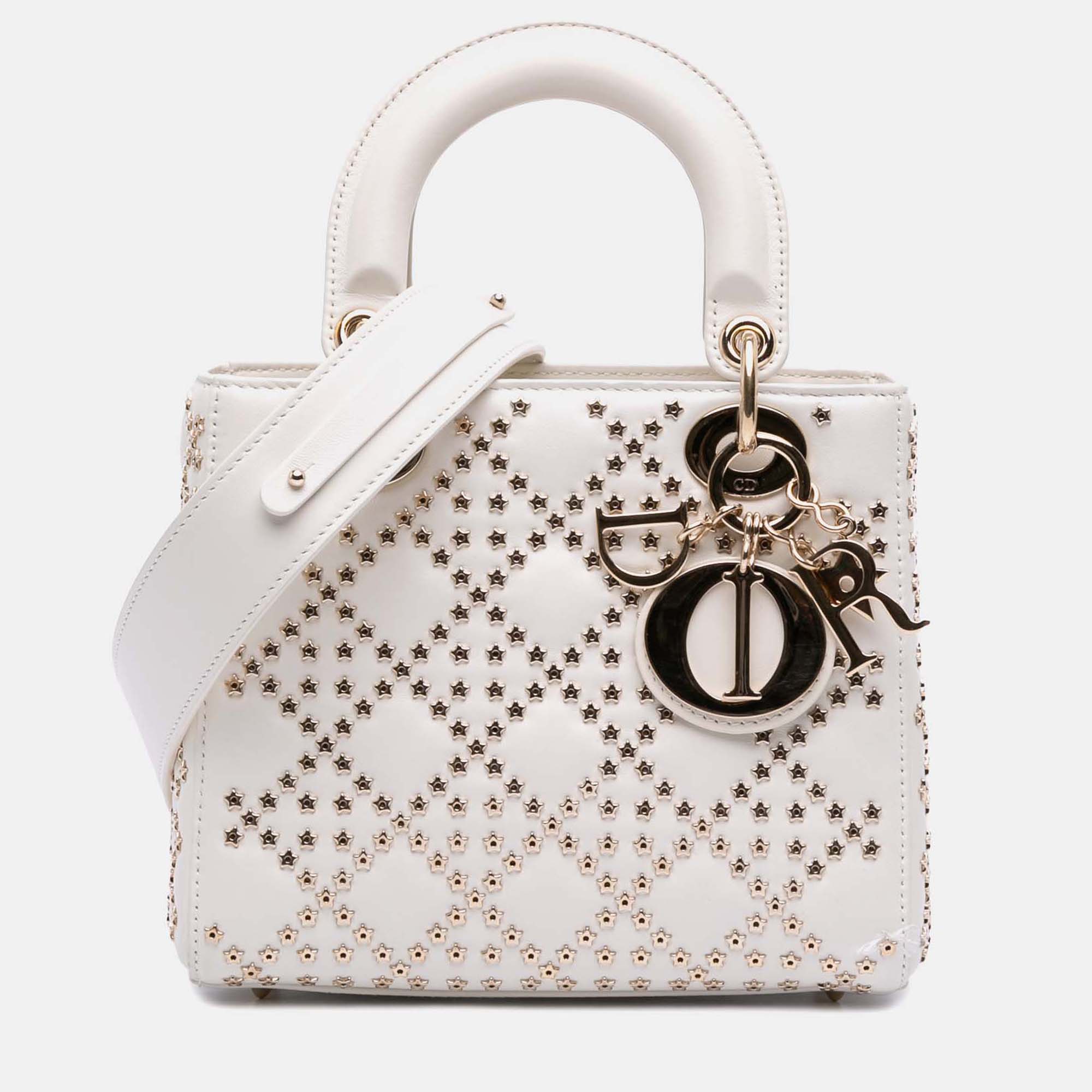 

Dior White Small Lambskin Cannage Lucky Star Studded Lady Dior