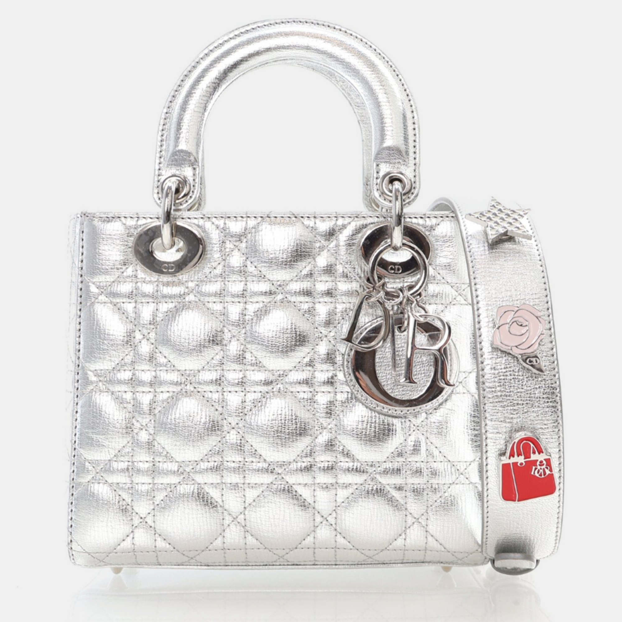 

Dior Lady Dior Small Metallic Silver Lambskin Lucky Badges Tote Bag