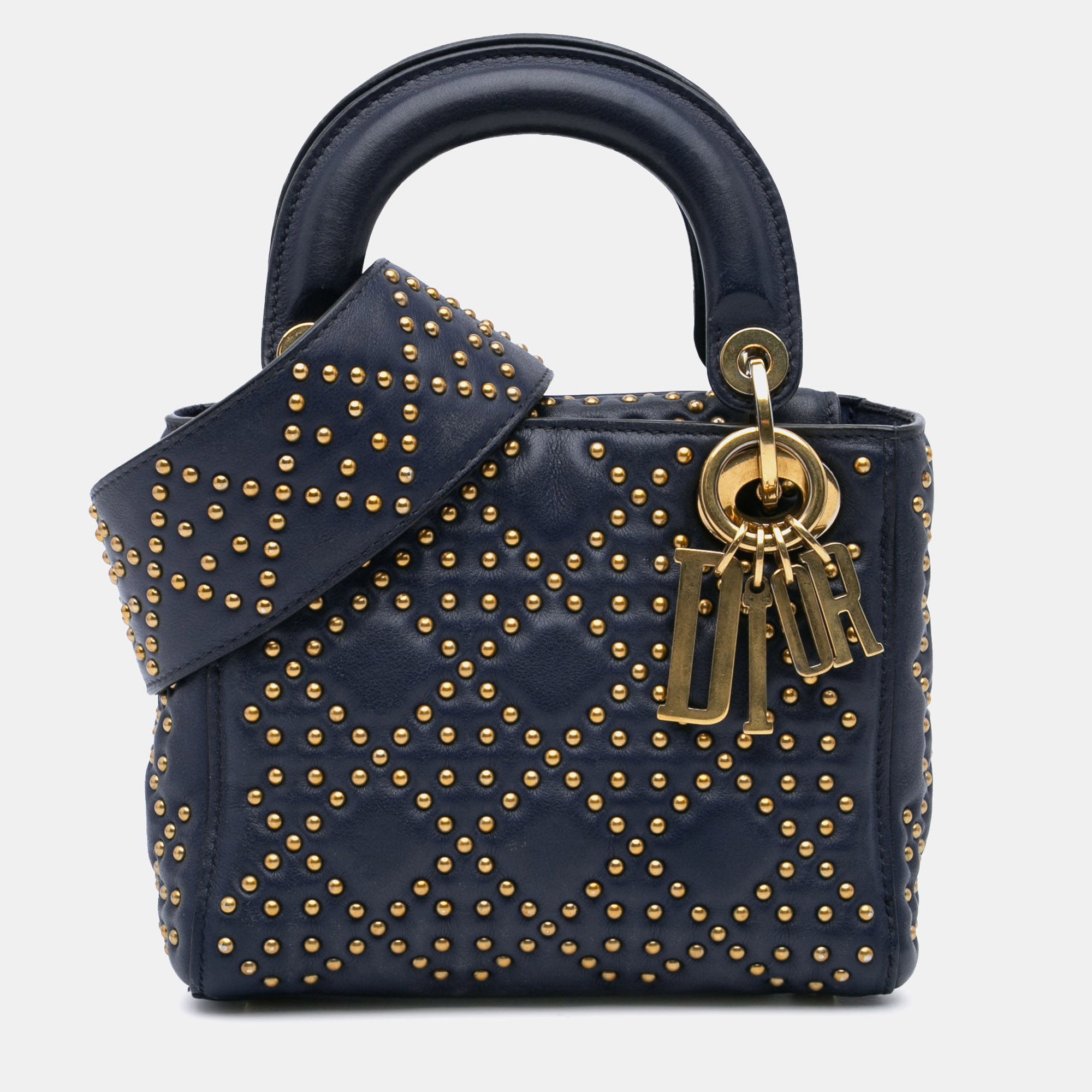 

Dior Navy Blue Mini Lambskin Cannage Studded Supple Lady Dior