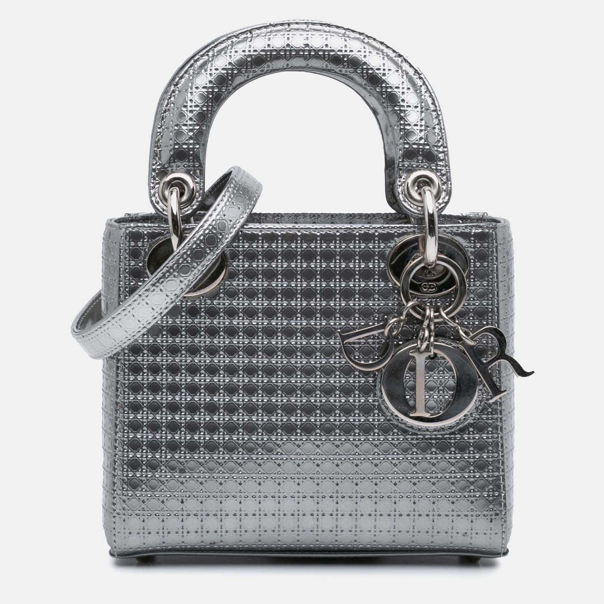 

Dior Silver Mini Metallic Patent Microcannage Lady Dior