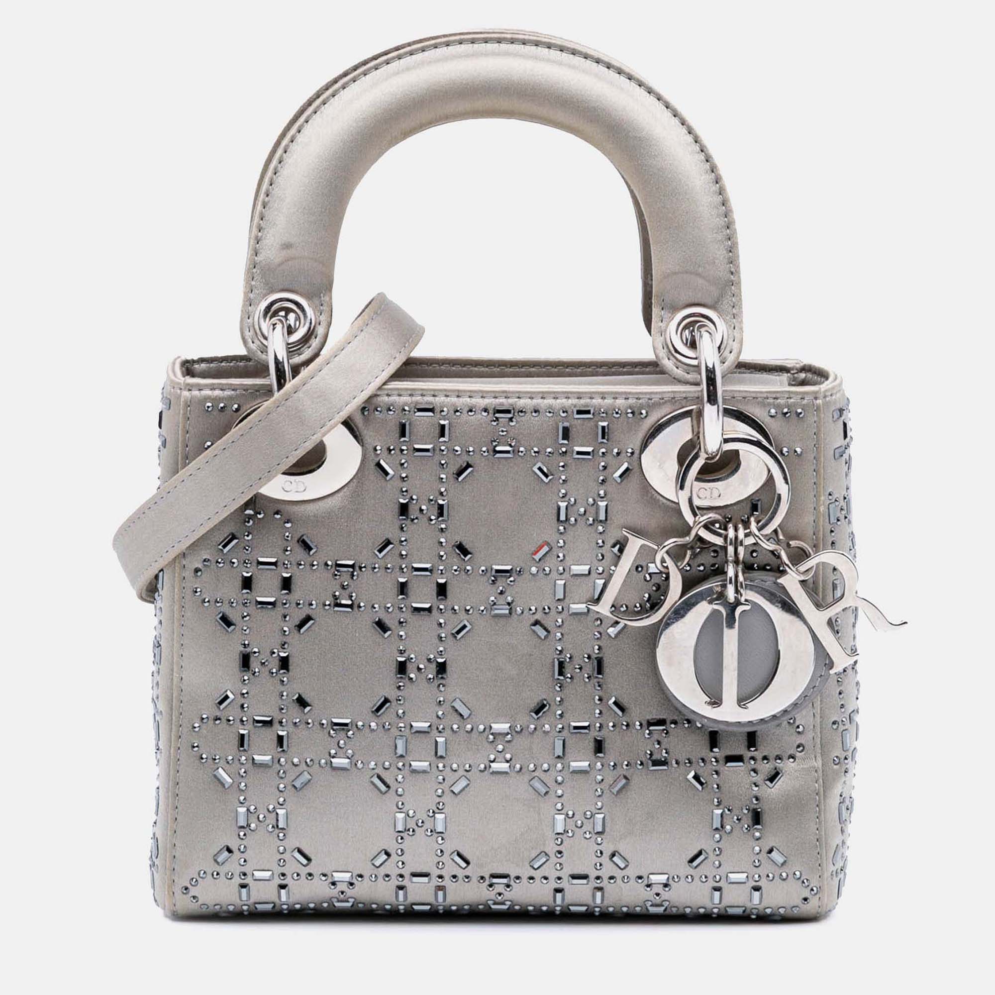 

Dior Silver Mini Satin Cannage Strass Crystal Embellished Lady Dior