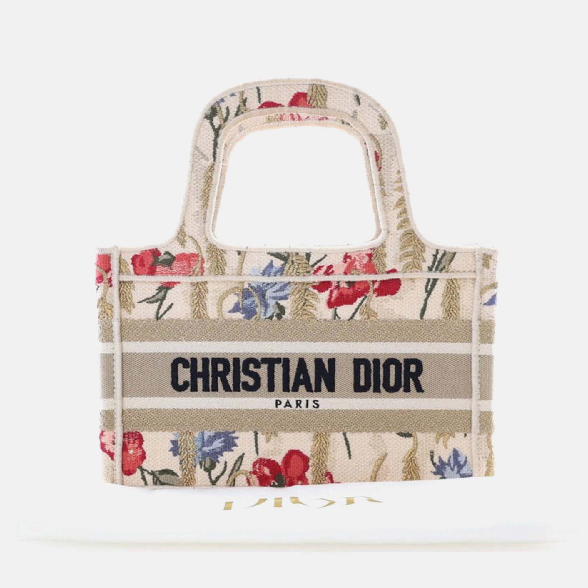

Dior Beige Mini Canvas Embroidered Hibiscus Book Tote