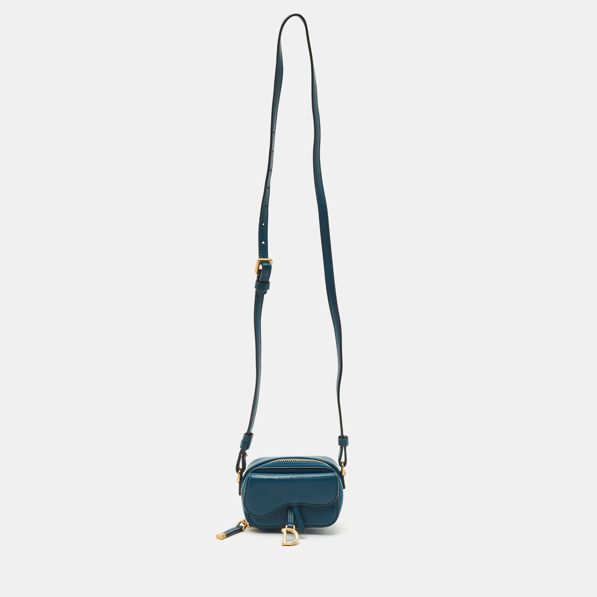 Pre-owned Dior Teal Blue Leather Mini Saddle Shoulder Strap Pouch