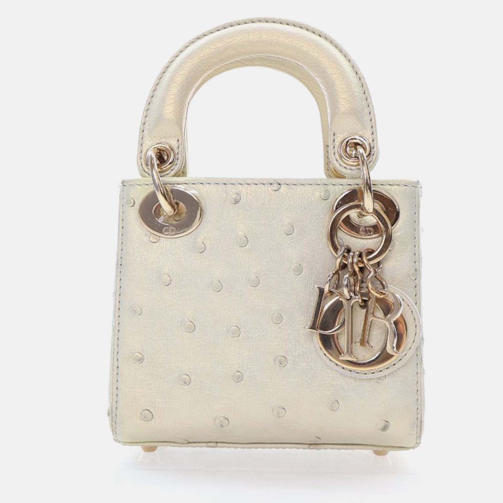 

Dior Lady Dior Micro Ostrich Tote Bag, White