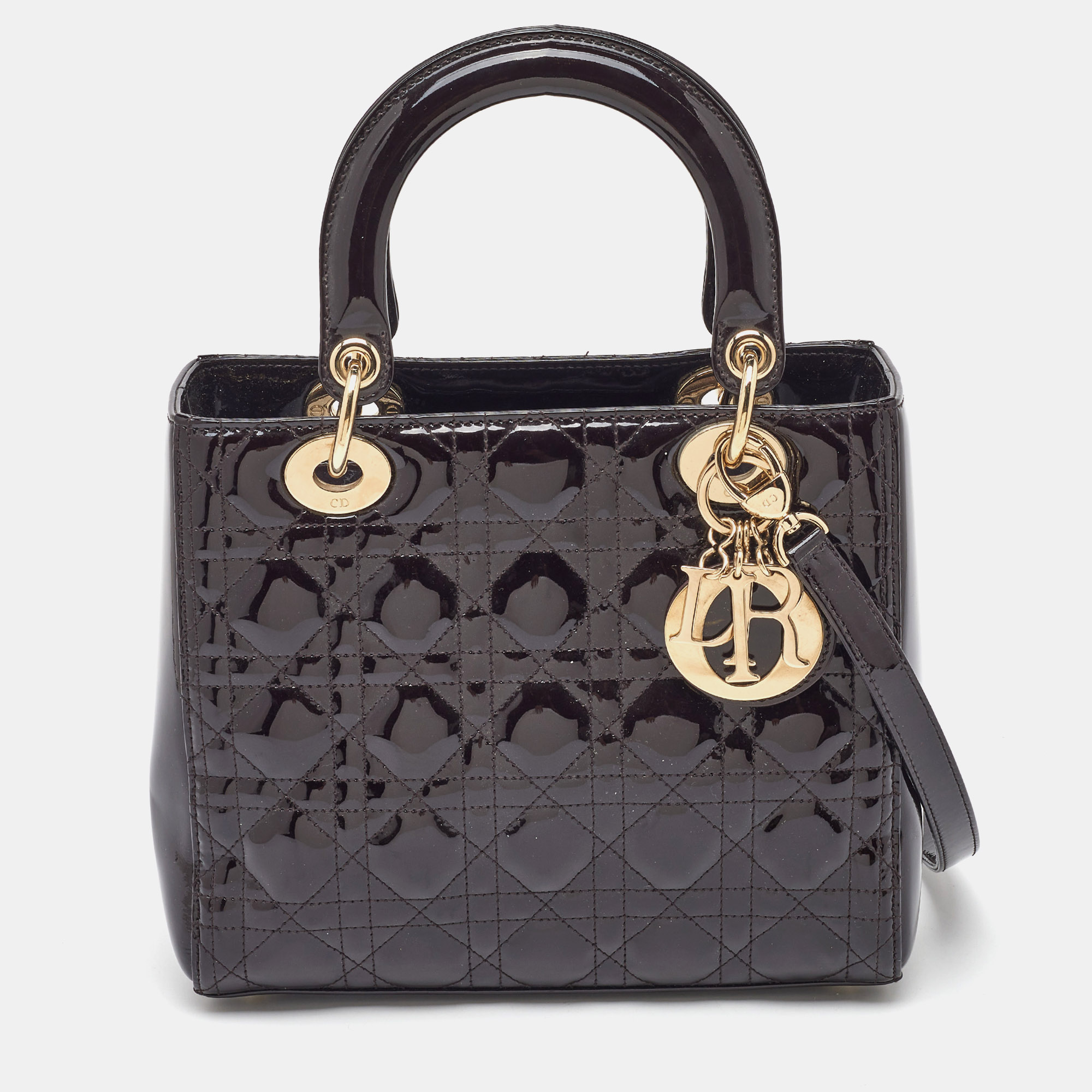 Dior Dark Brown Cannage Patent Leather Medium Lady Dior Tote