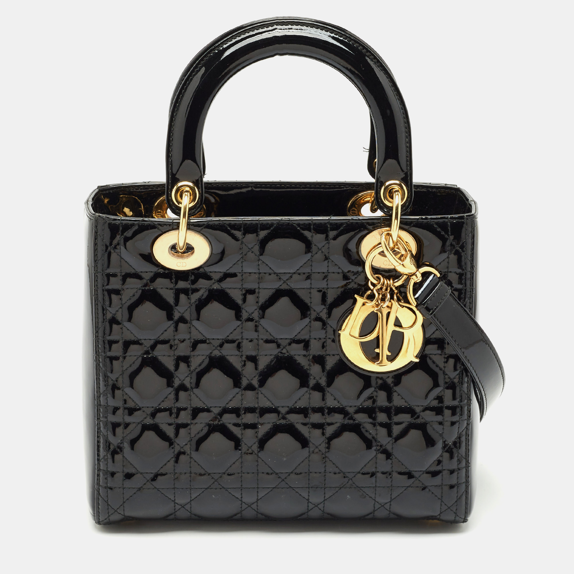 

Dior Black Cannage Patent Leather Medium Lady Dior Tote
