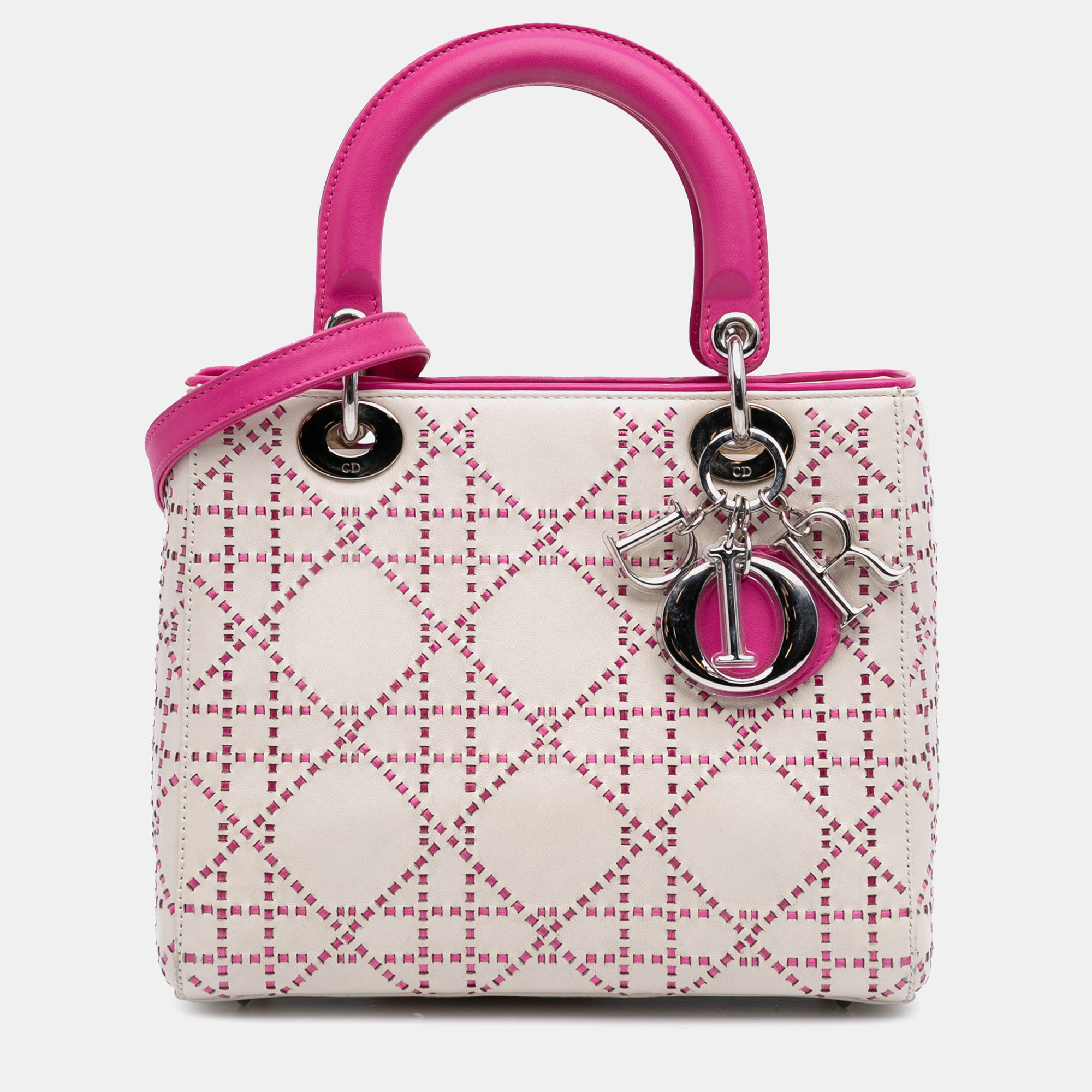 

Dior Lady Dior Medium Pink/White Lambskin Cannage Stitched Tote Bag