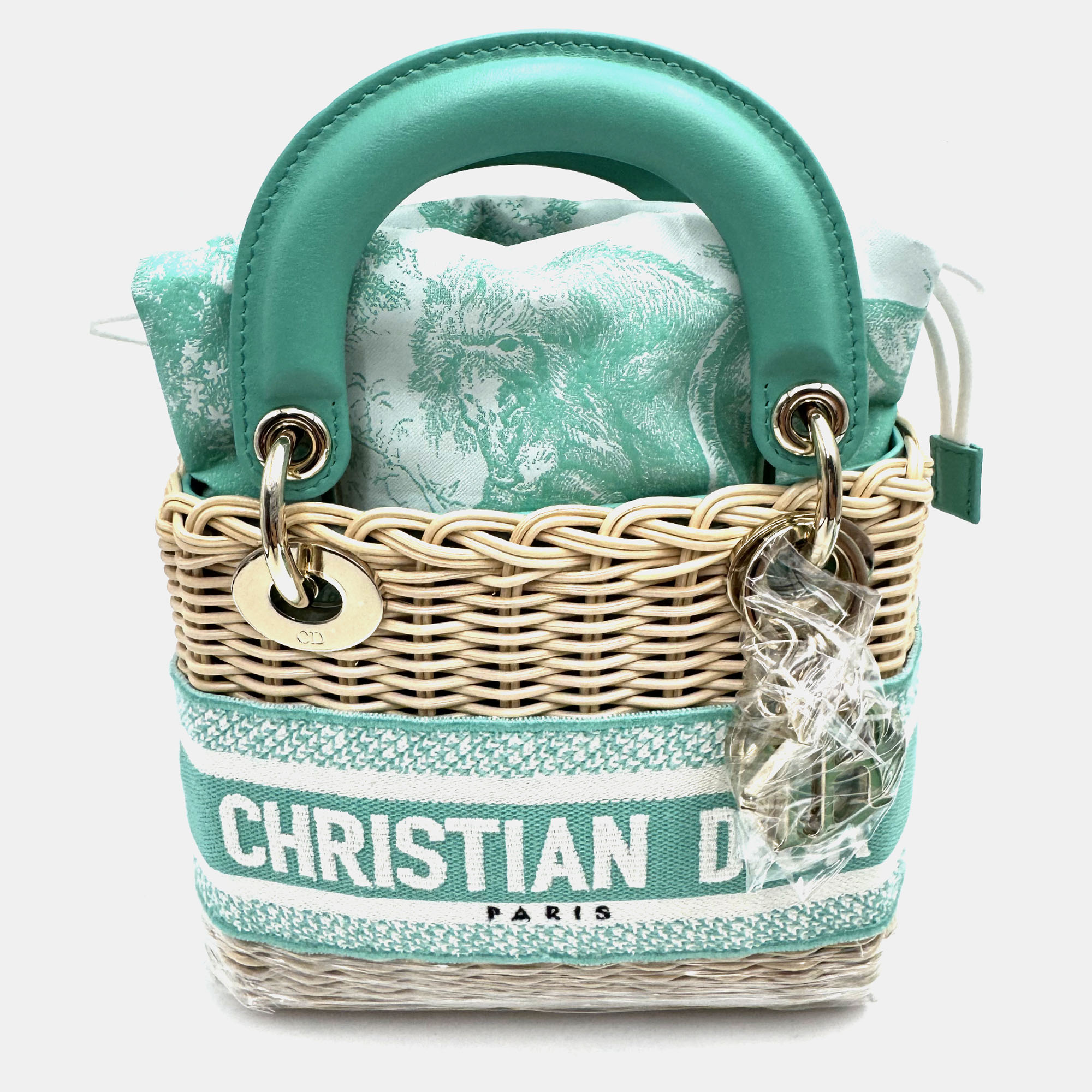 

Dior Wicker Lady Dior Green Natural Rattan and Aquamarina Toile de Jouy Tote Bag