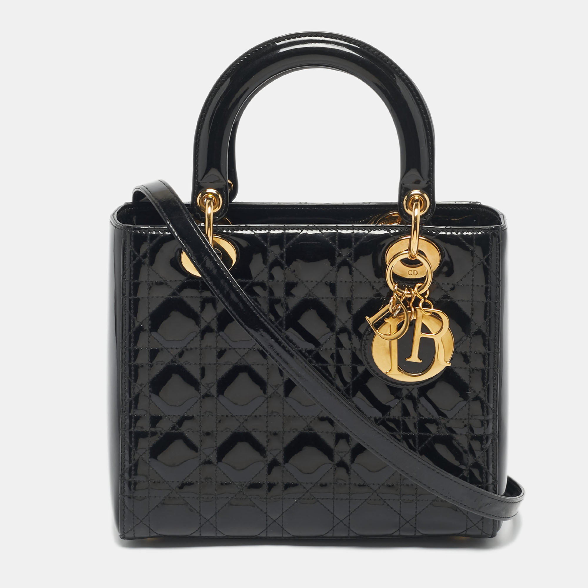 

Dior Black Cannage Patent Leather Medium Lady Dior Tote