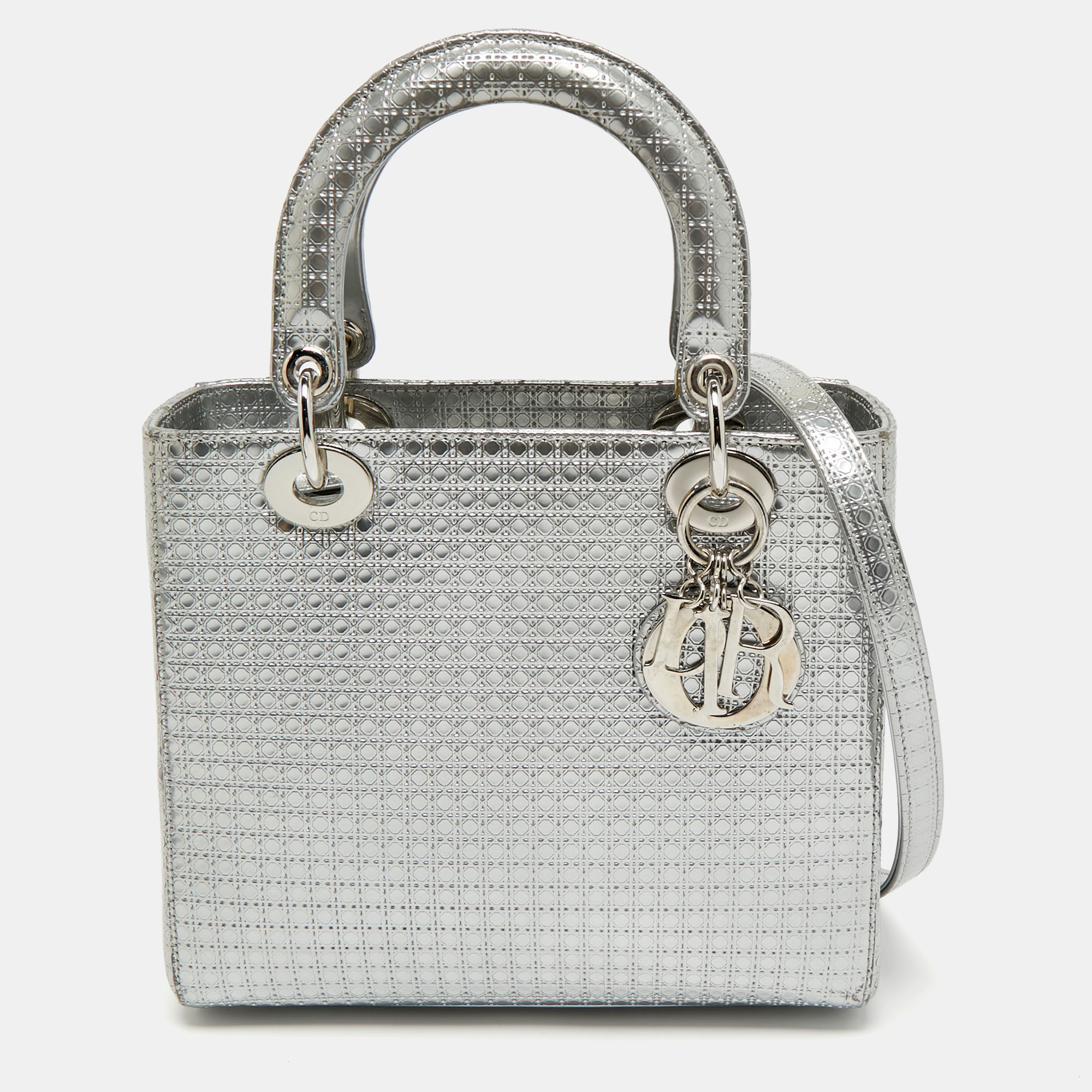 

Dior Silver Micro Cannage Patent Leather Medium Lady Dior Tote