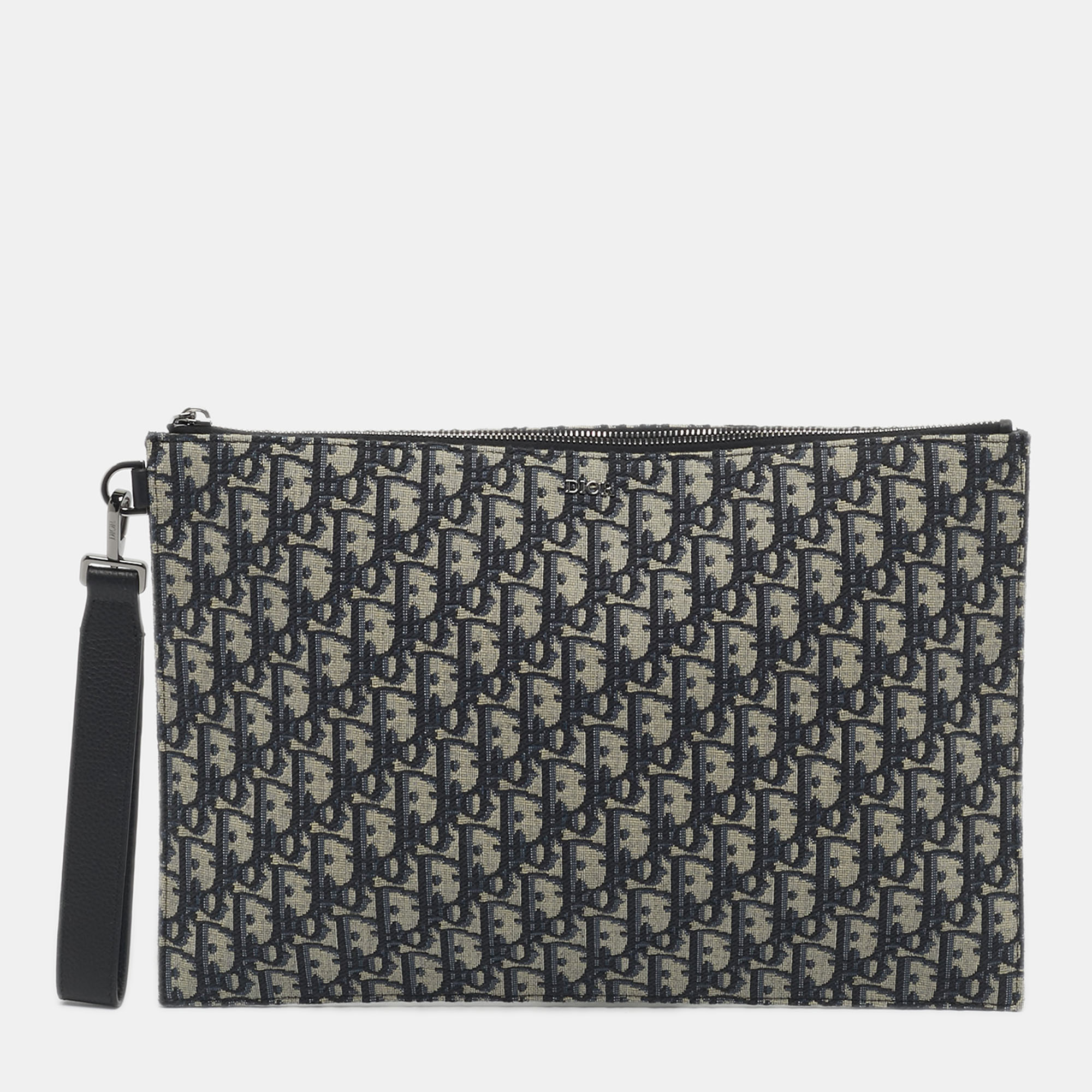 Pre-owned Dior Navy Blue Oblique Canvas And Leather A4 Clutch