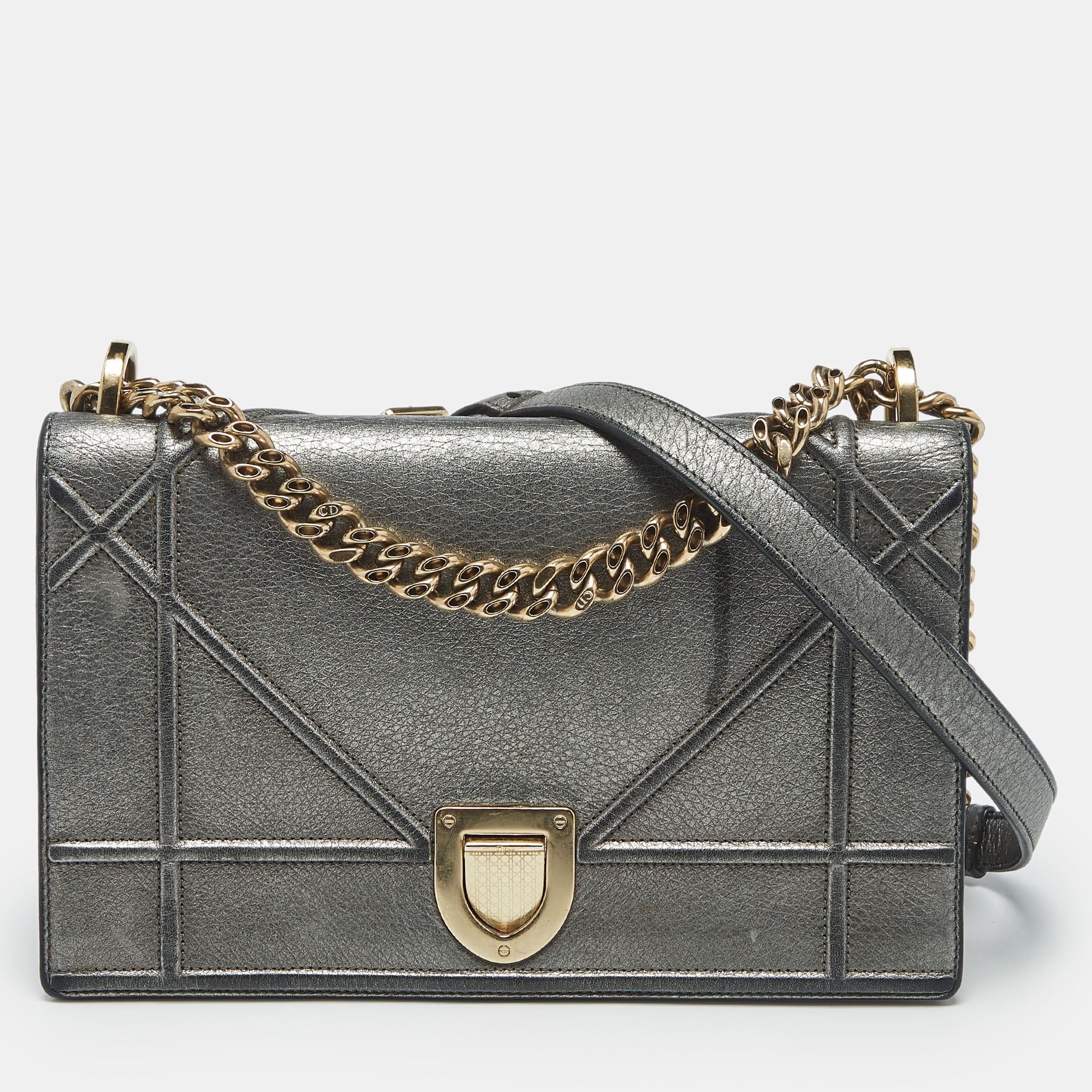 

Dior Metallic Grey Leather  Diorama Flap Bag