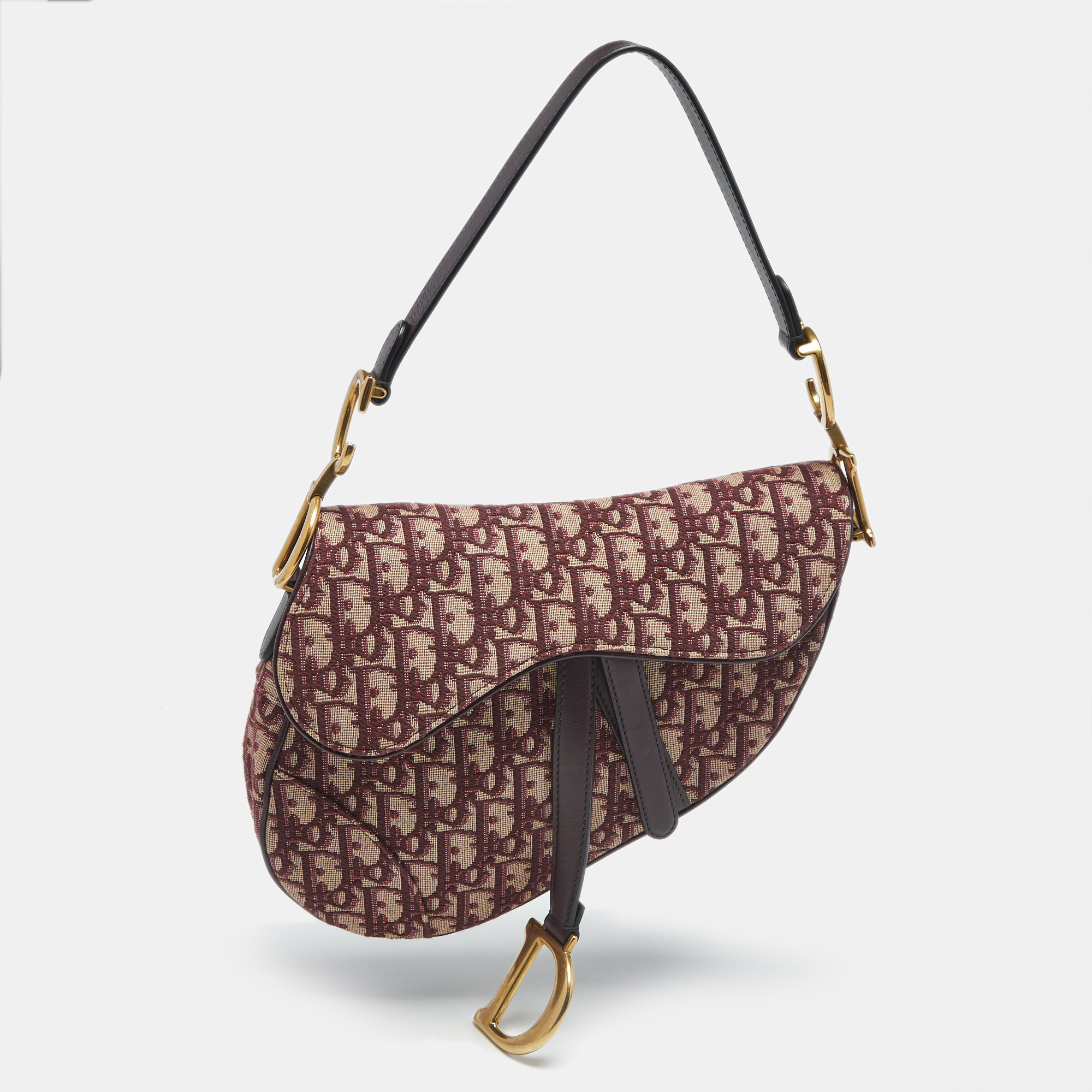 Pre-owned Dior Burgundy Oblique Canvas And Leather Saddle Bag