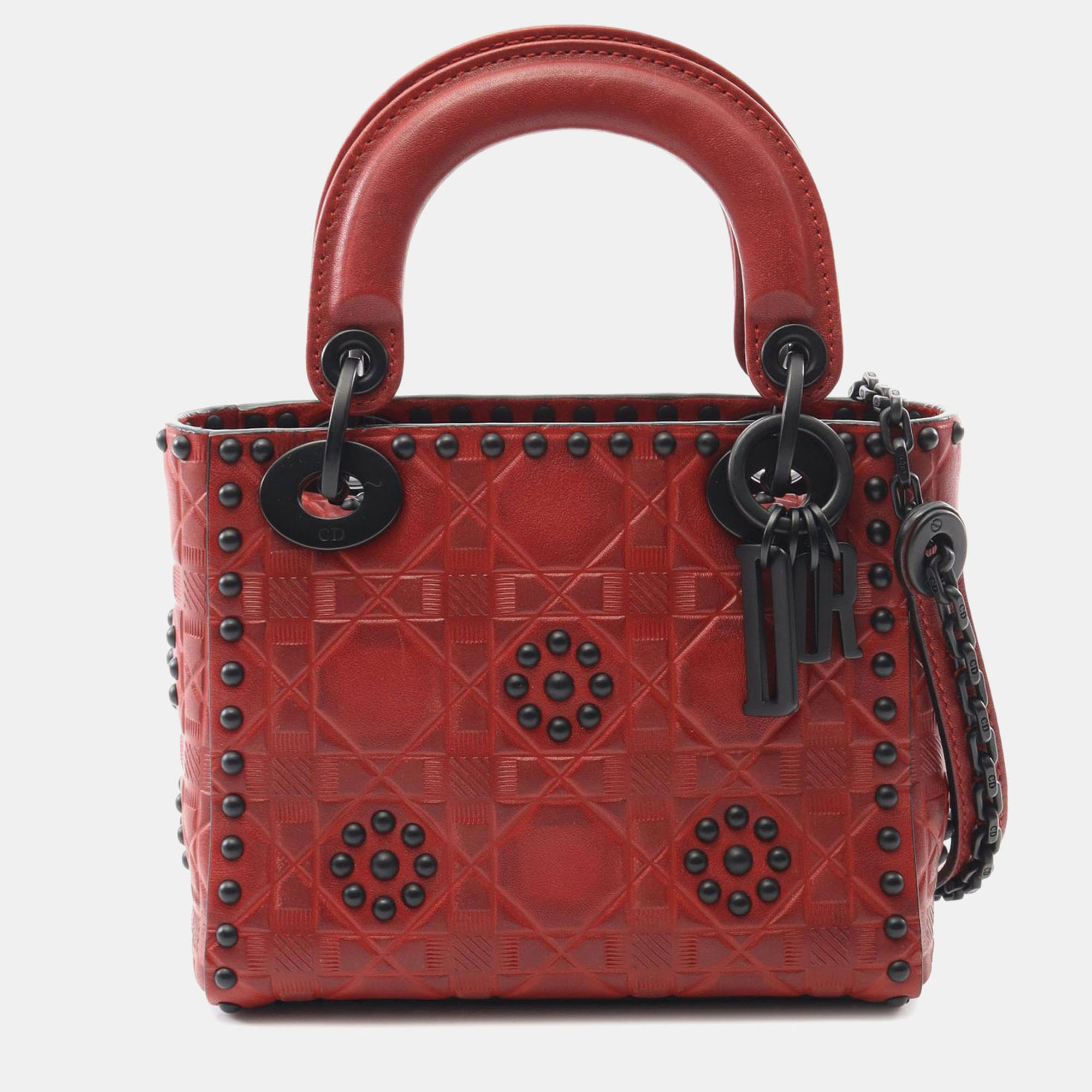 

Dior Red Mini Embossed Calfskin Cannage Studded Flower Lady Dior