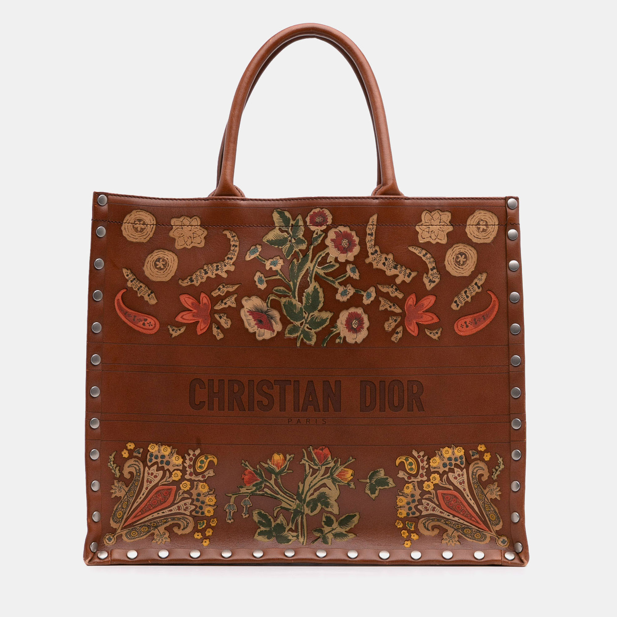 

Dior Brown Large Studded Embroidered Leather Floral Book Tote