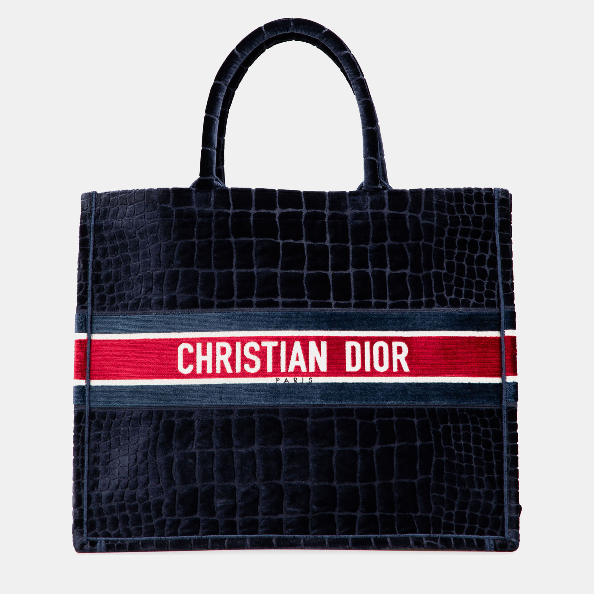 Pre-owned Dior Navy Blue Large Velvet Embossed Book Tote
