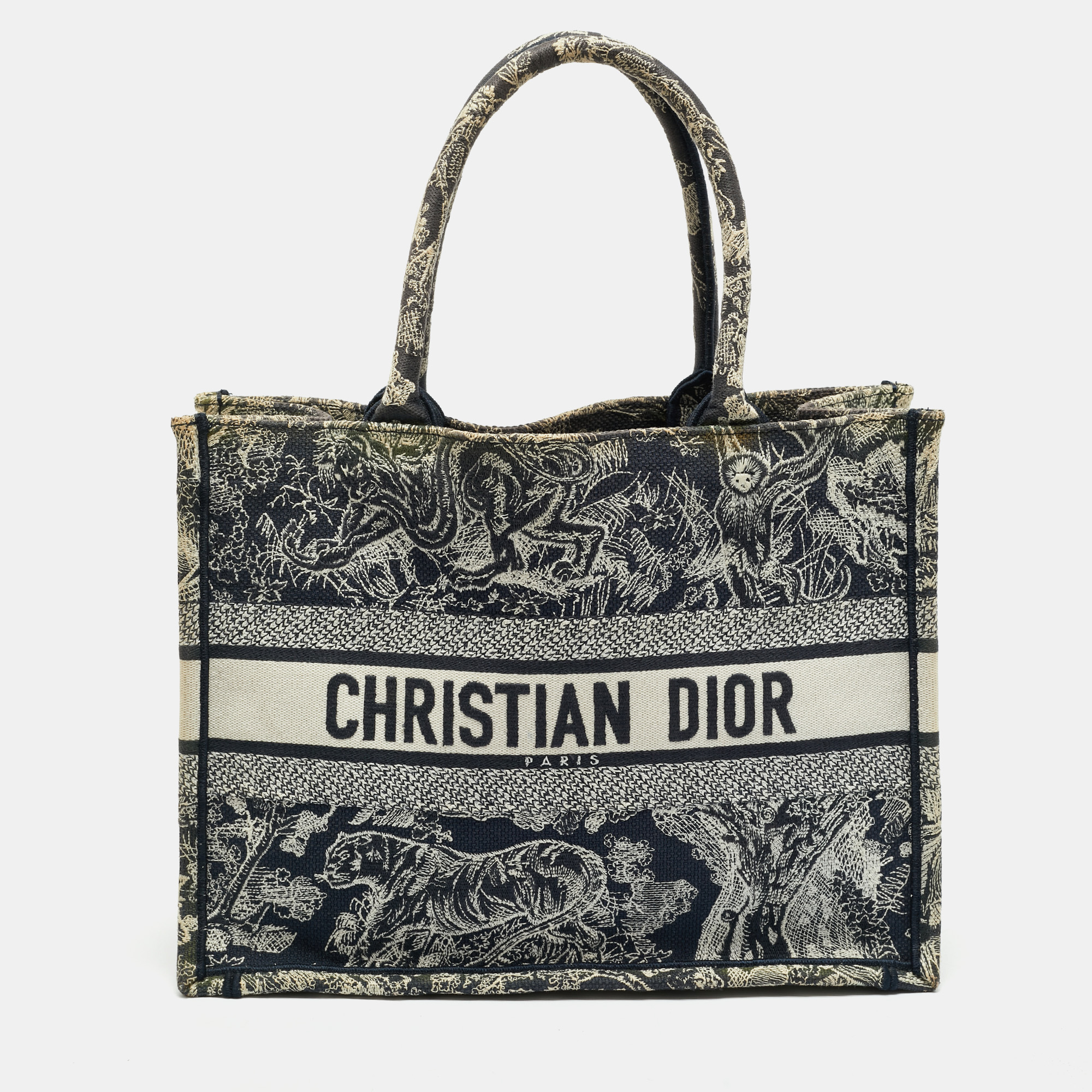 Pre-owned Dior Blue/beige Embroidered Toile De Jouy Canvas Medium Book Tote