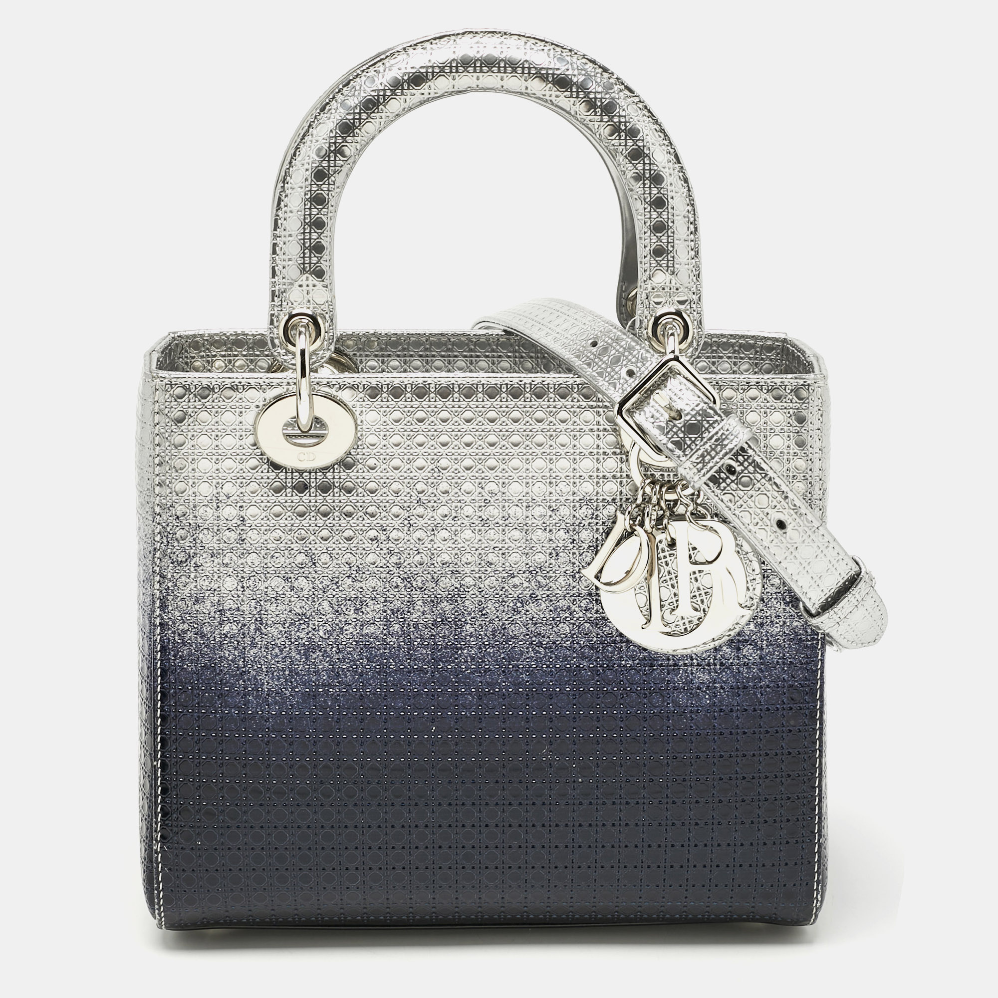 

Dior Silver/Navy Blue Microcannage Patent Leather  Lady Dior Tote