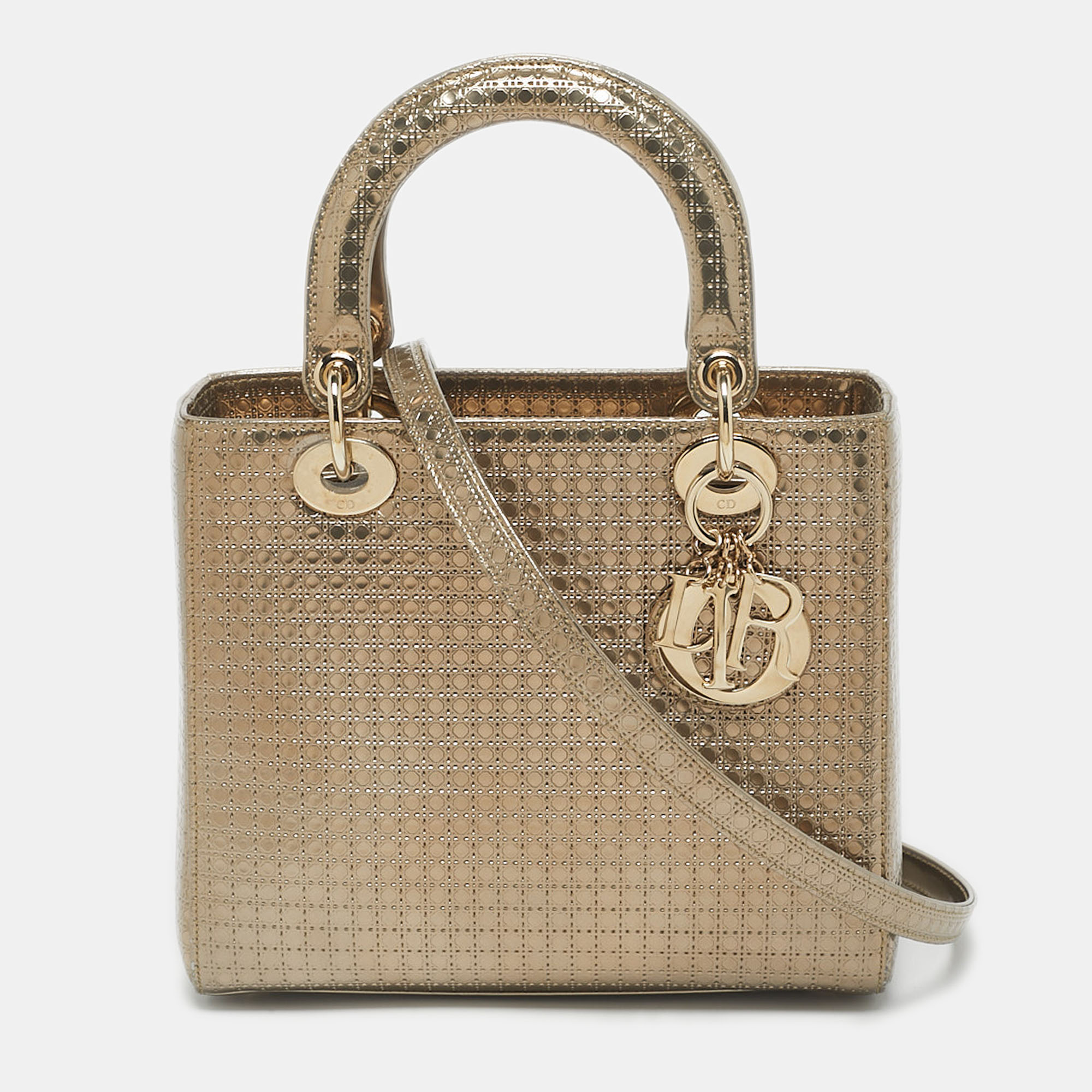 

Dior Gold Microcannage Patent Leather  Lady Dior Tote