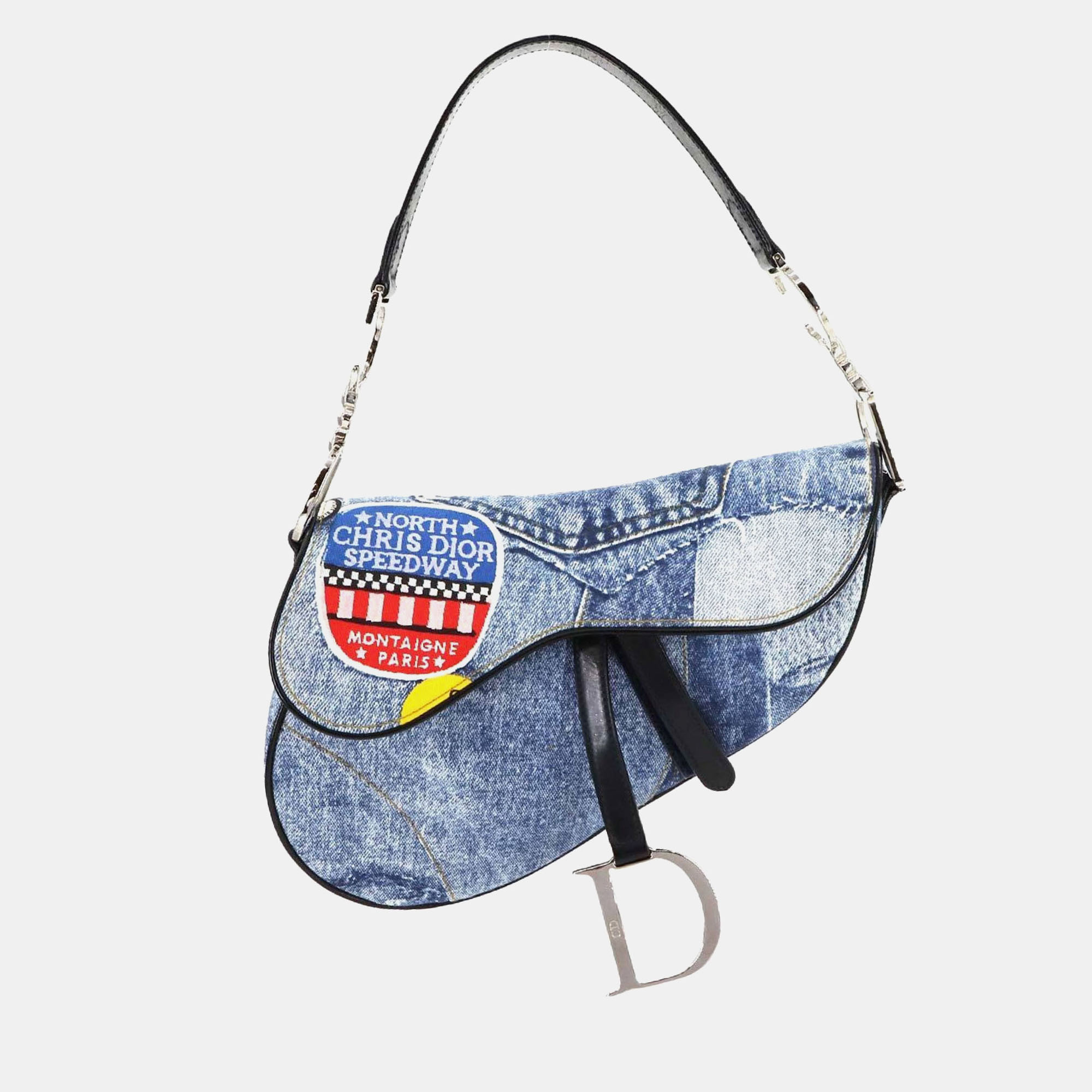Pre-owned Dior Christian Saddle Blue Denim Leather Shoulder Bag Shw