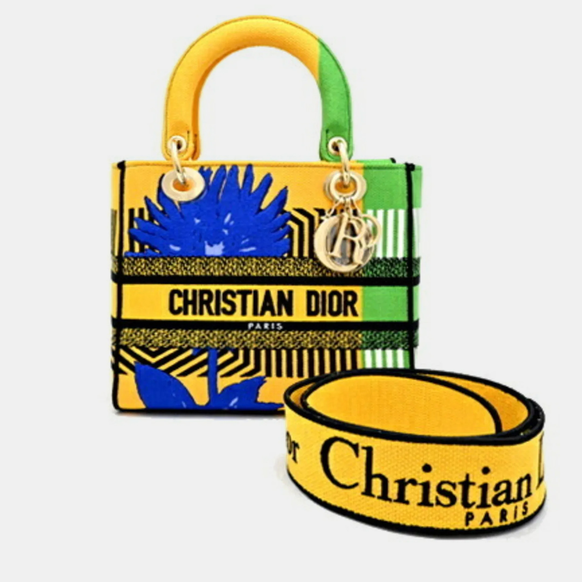 Pre-owned Dior Christian  Lady D-lite Medium Handbag Canvas Yellow In Multi