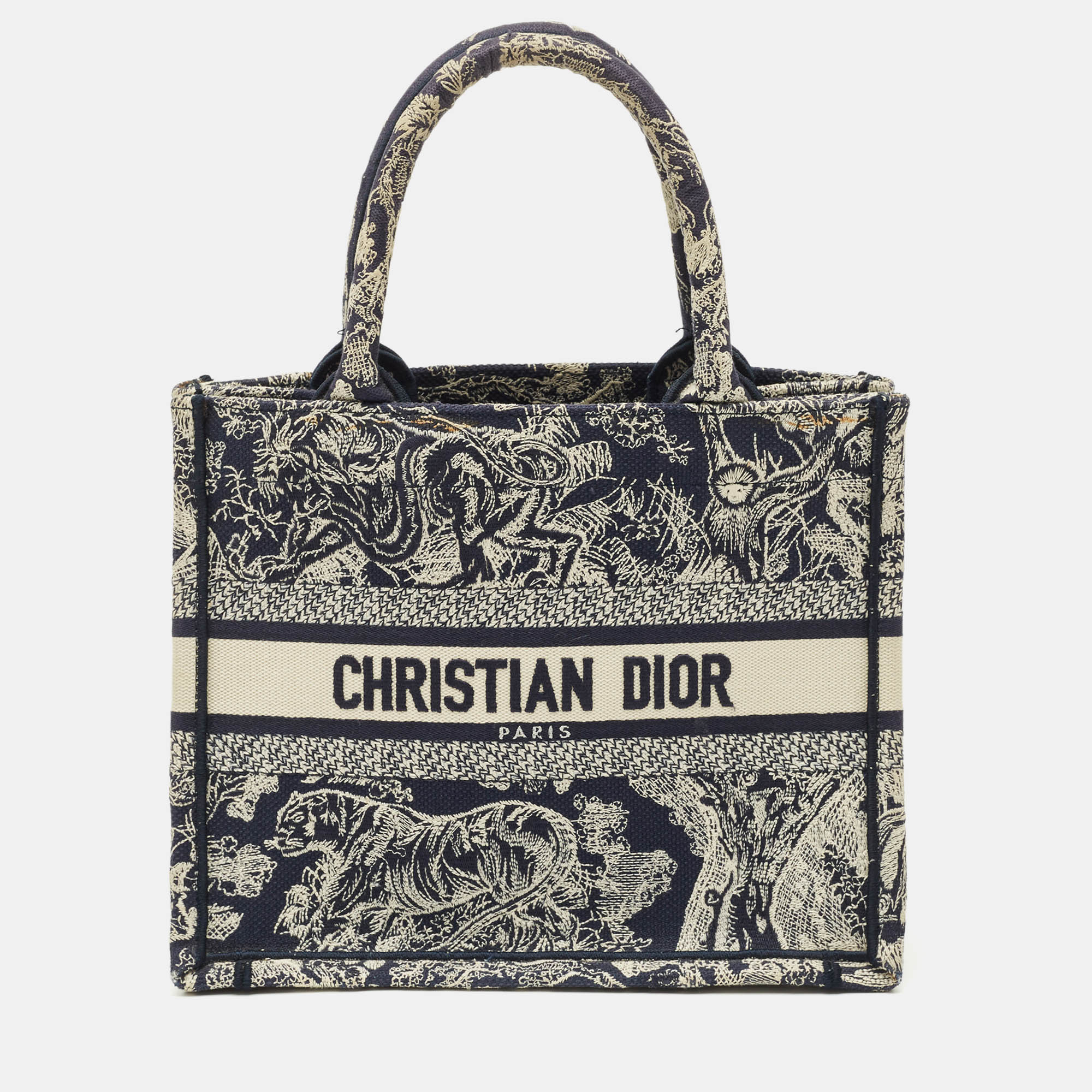 Pre-owned Dior Navy Blue/white Embroidered Canvas Small Toile De Jouy Book Tote