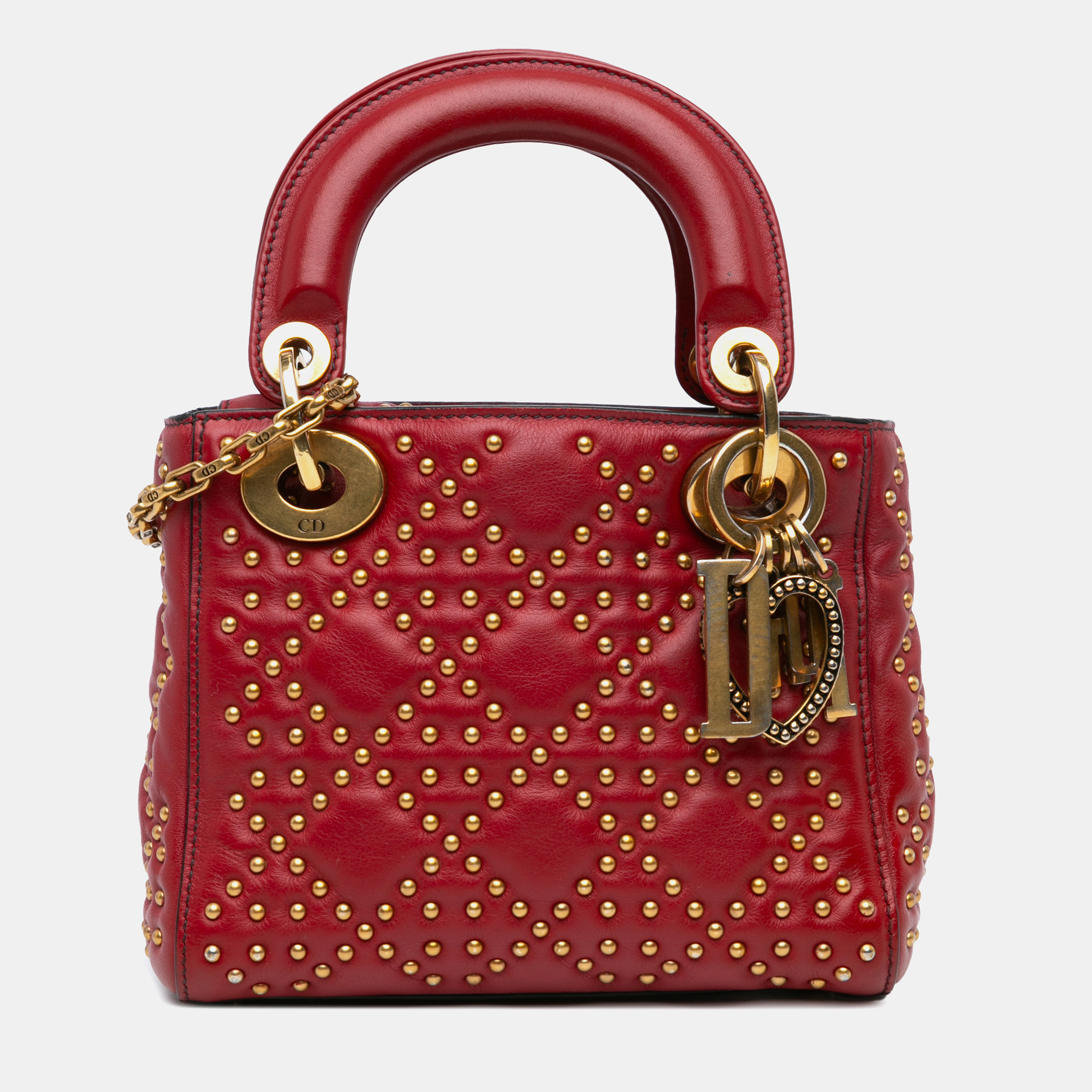 

Dior Red Mini Lambskin Cannage Studded Supple Lady Dior