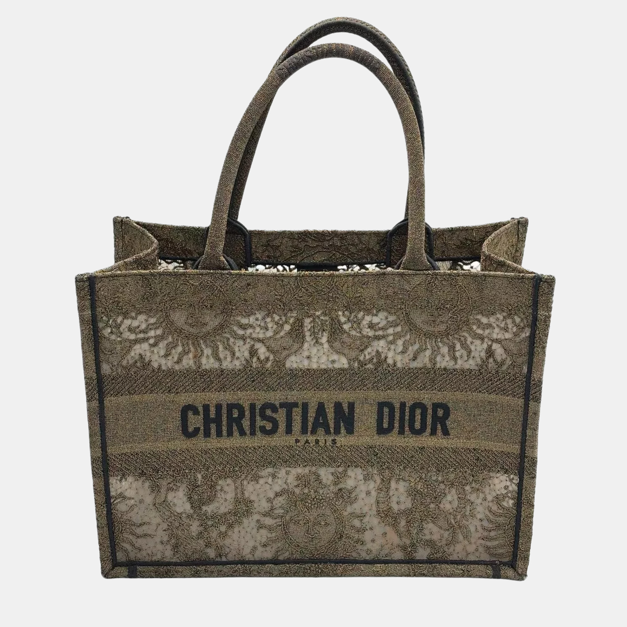 

Christian Dior Book Tote Medium Sunset Metallic Gold Embroidered Mesh Canvas Tote Bag, Brown