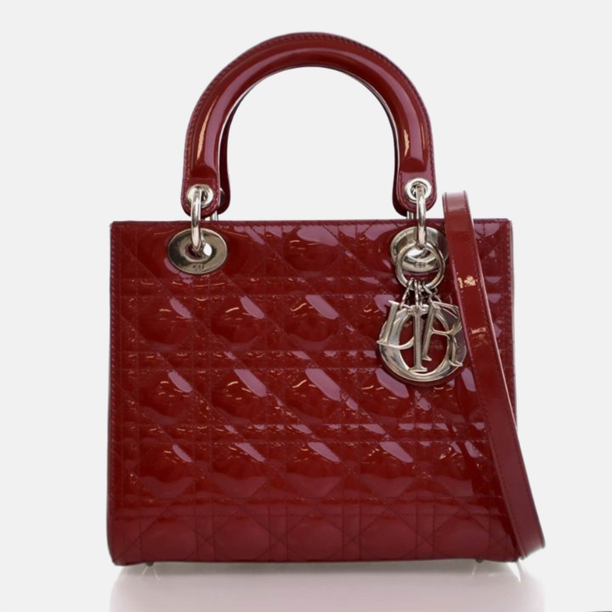 

Dior Lady Dior Medium Red Patent Leather Tote Bag