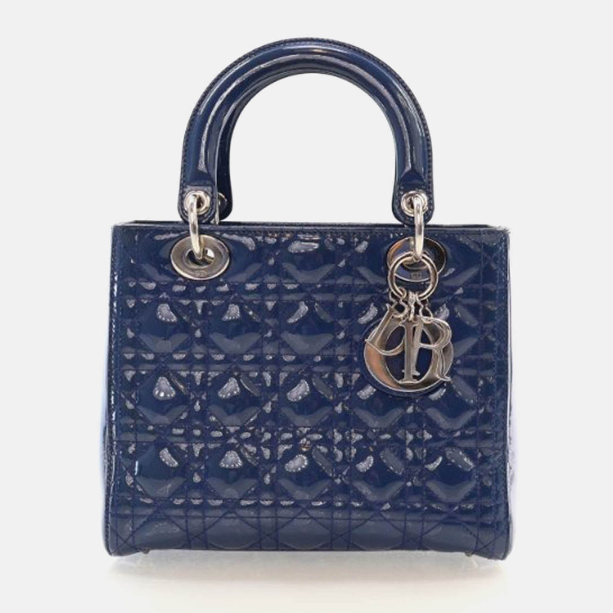 

Dior Lady Dior Medium Navy Patent Leather Handbag, Blue