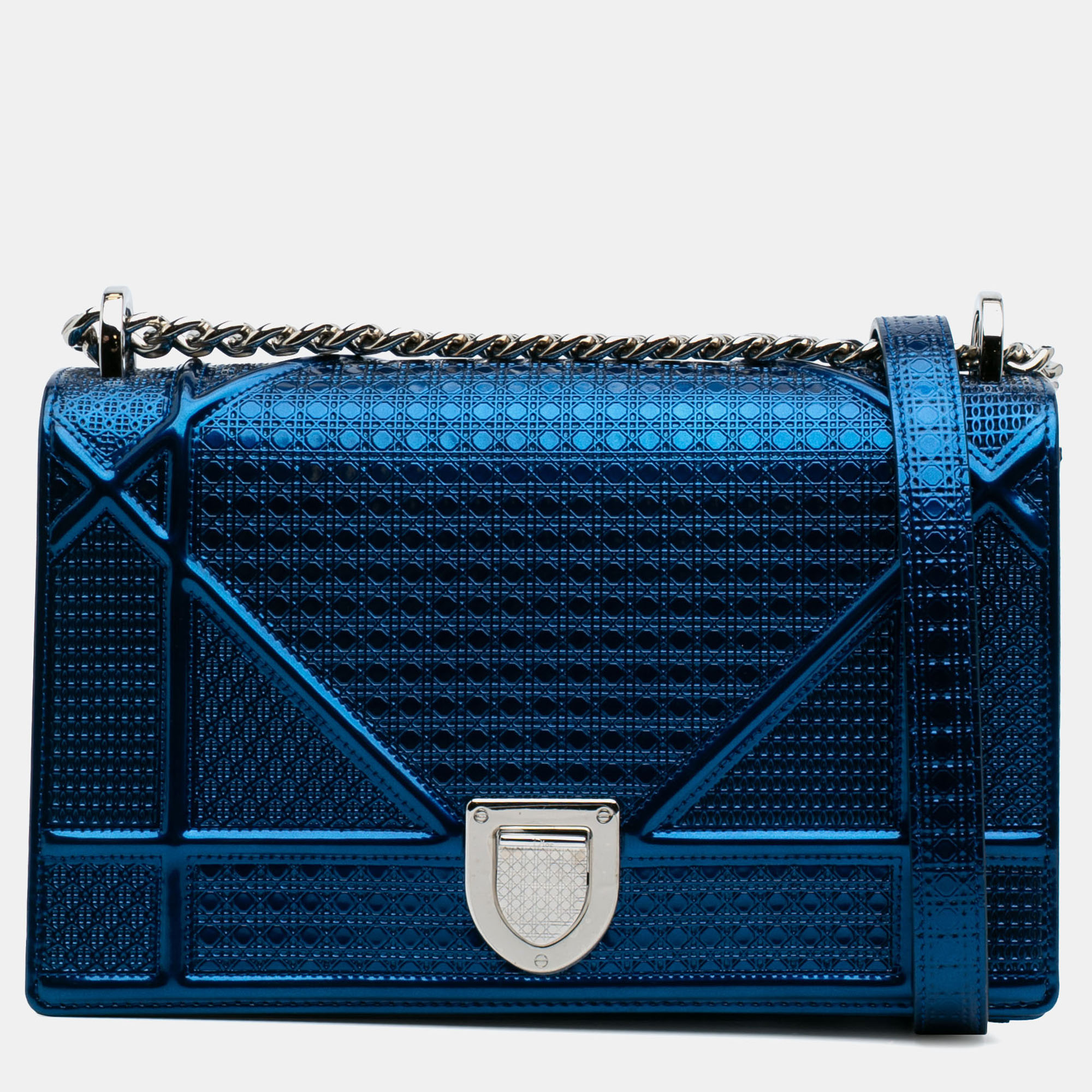 

Dior Blue Medium Metallic Patent Microcannage Diorama Crossbody