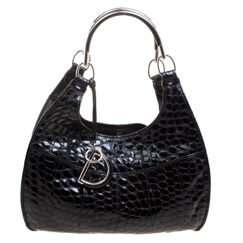 مملوكة مسبقًا Dior Black Croc Embossed Patent Leather 61 Tote