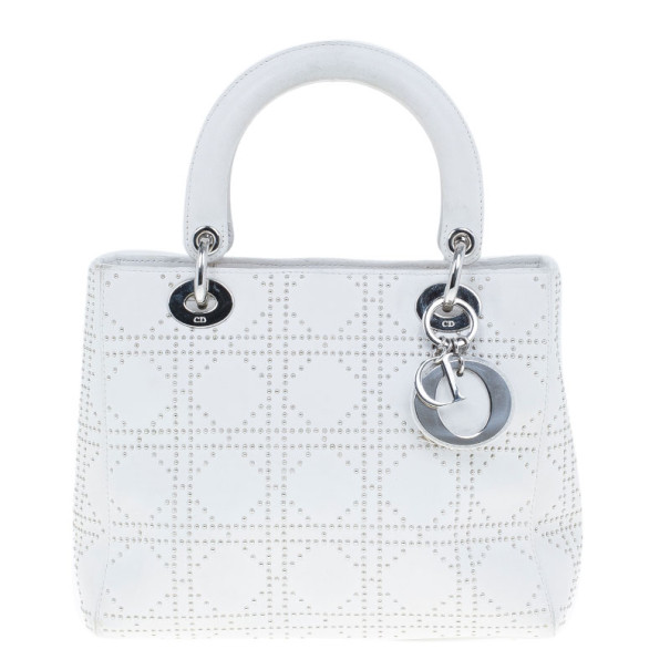 Pre Owned Dior White Studded Leather Medium Lady Dior