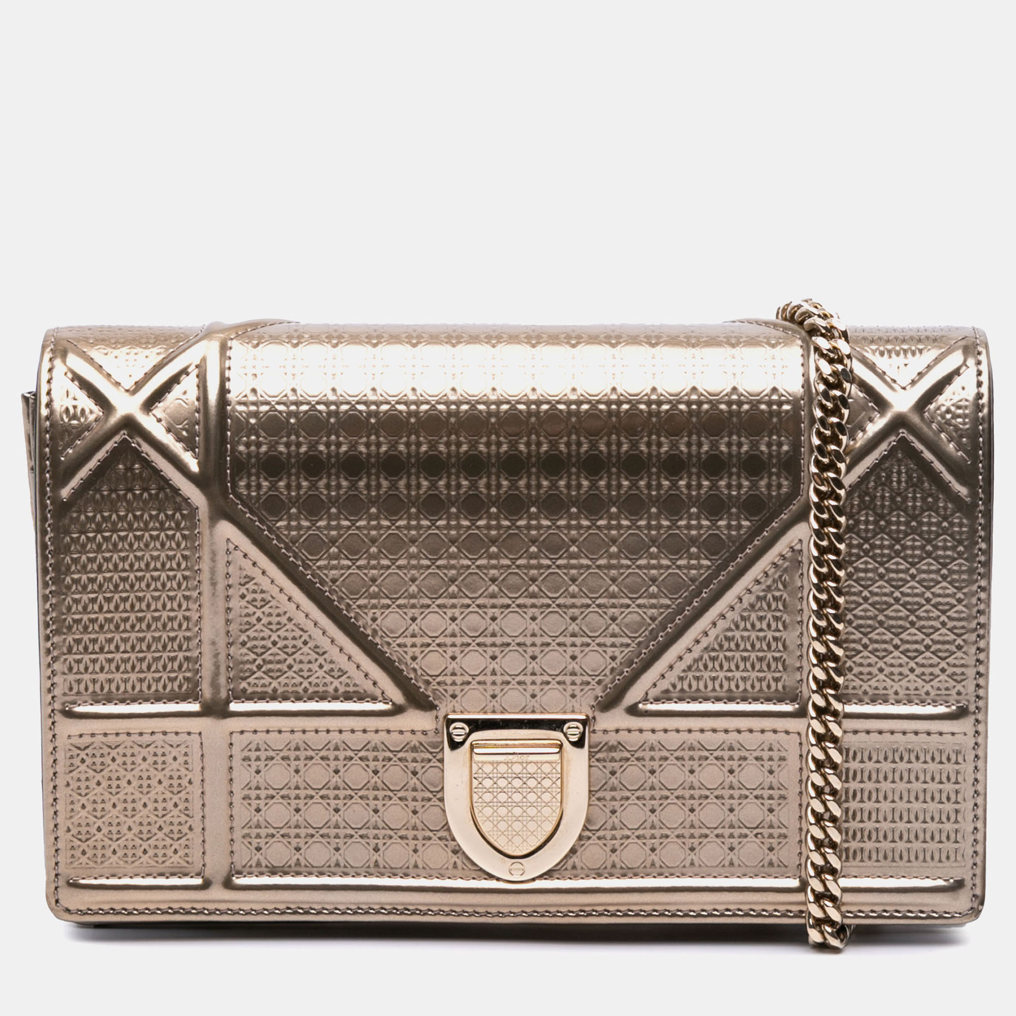 

Dior Gold Metallic Patent Microcannage Diorama Wallet on Chain