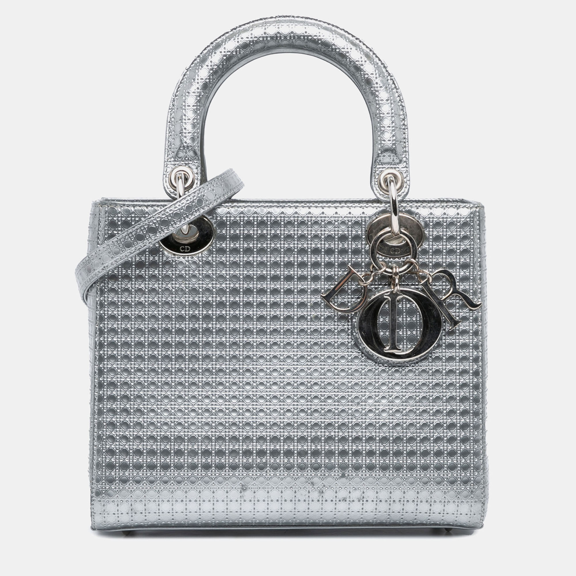 

Dior Silver Medium Metallic Patent Microcannage Lady Dior