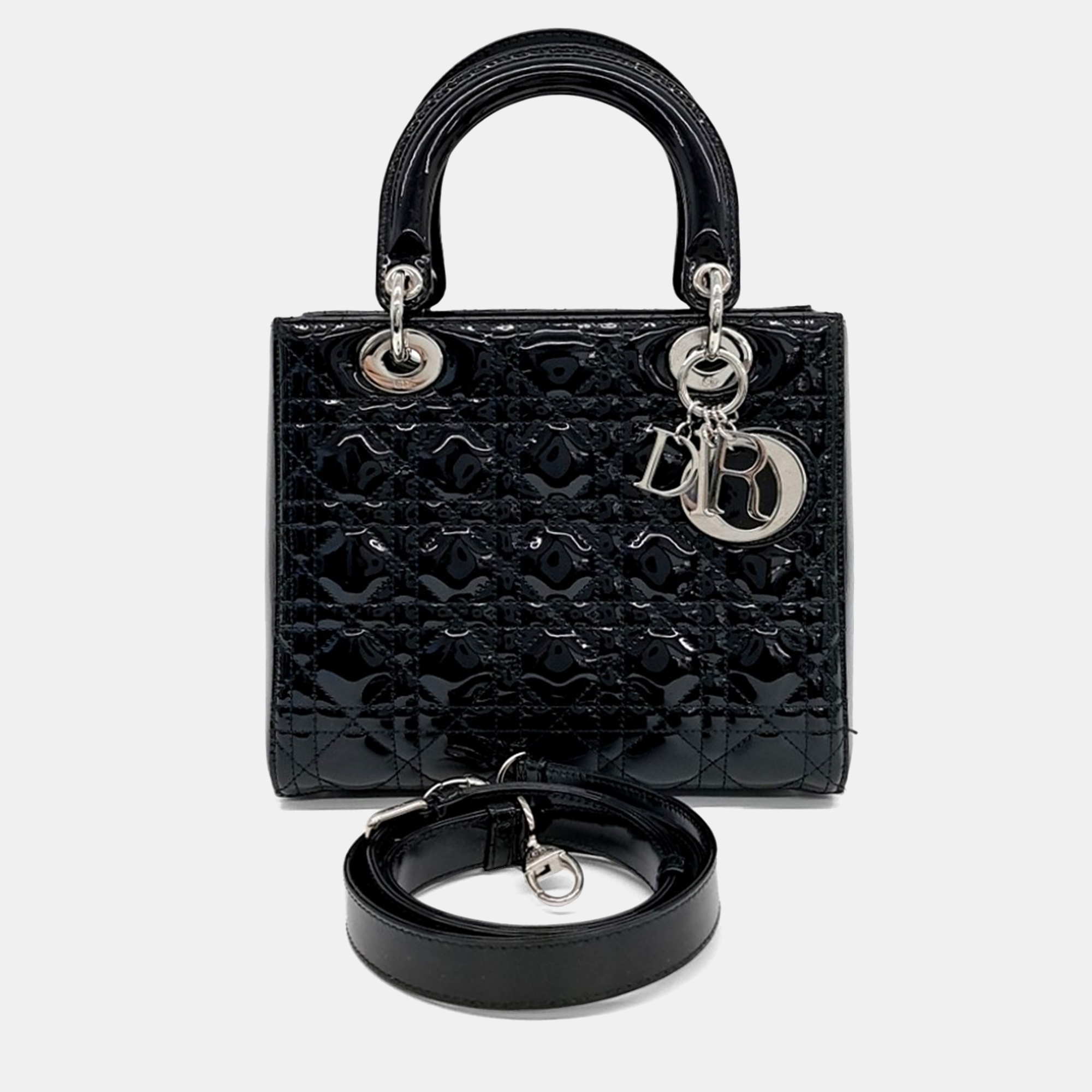 

Dior Black Patent Leather Patent Cannage Lady Bag Medium